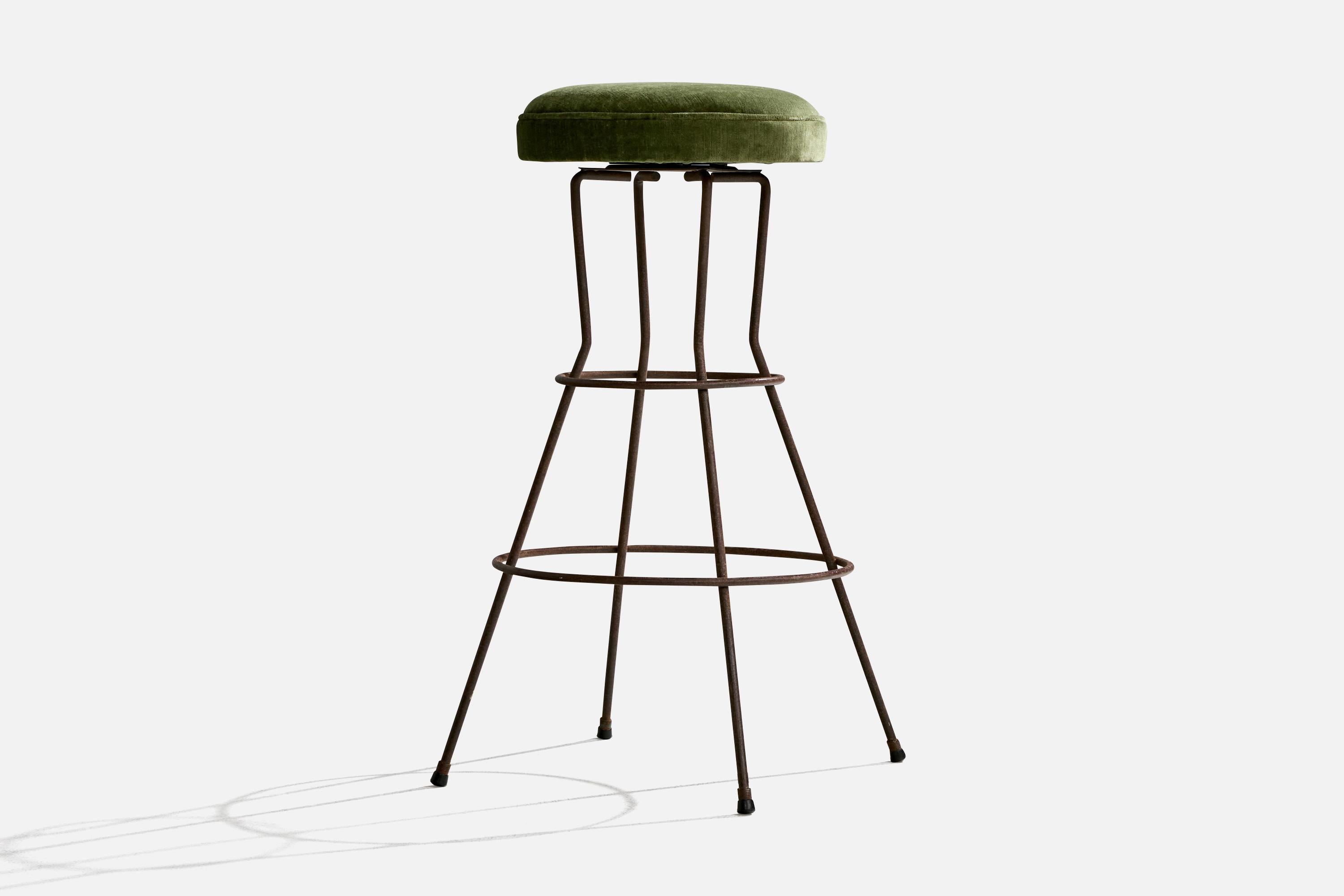 Mid-20th Century American Designer, Counter Stools, Iron, Velvet, USA, 1950s For Sale