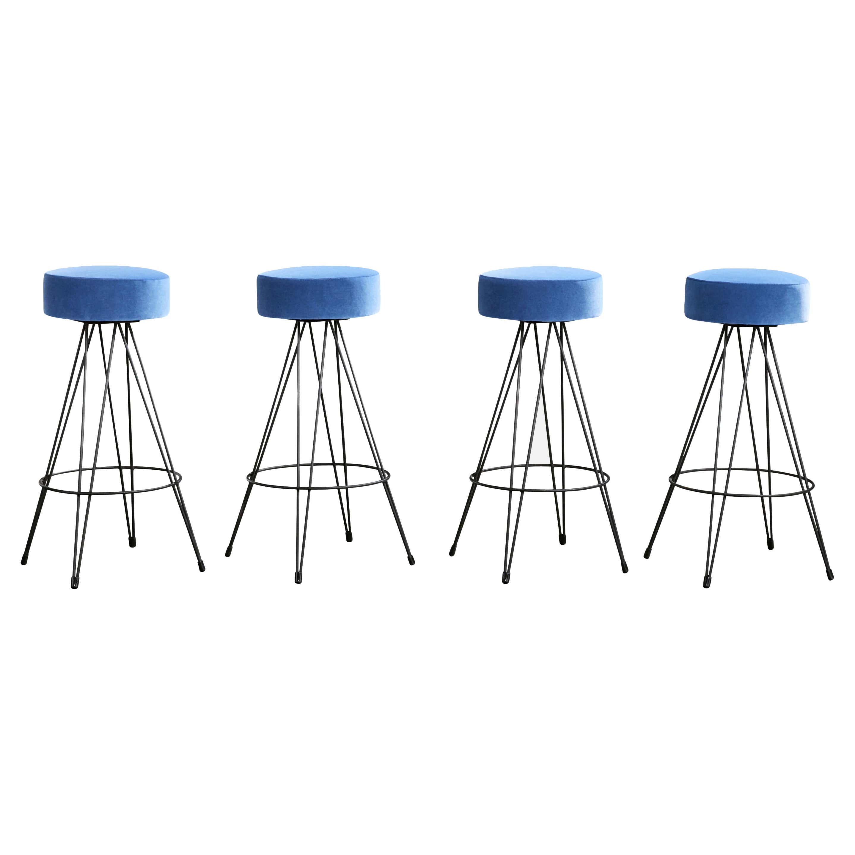 American Designer, Counter Stools, Iron, Velvet, USA, 1950s For Sale