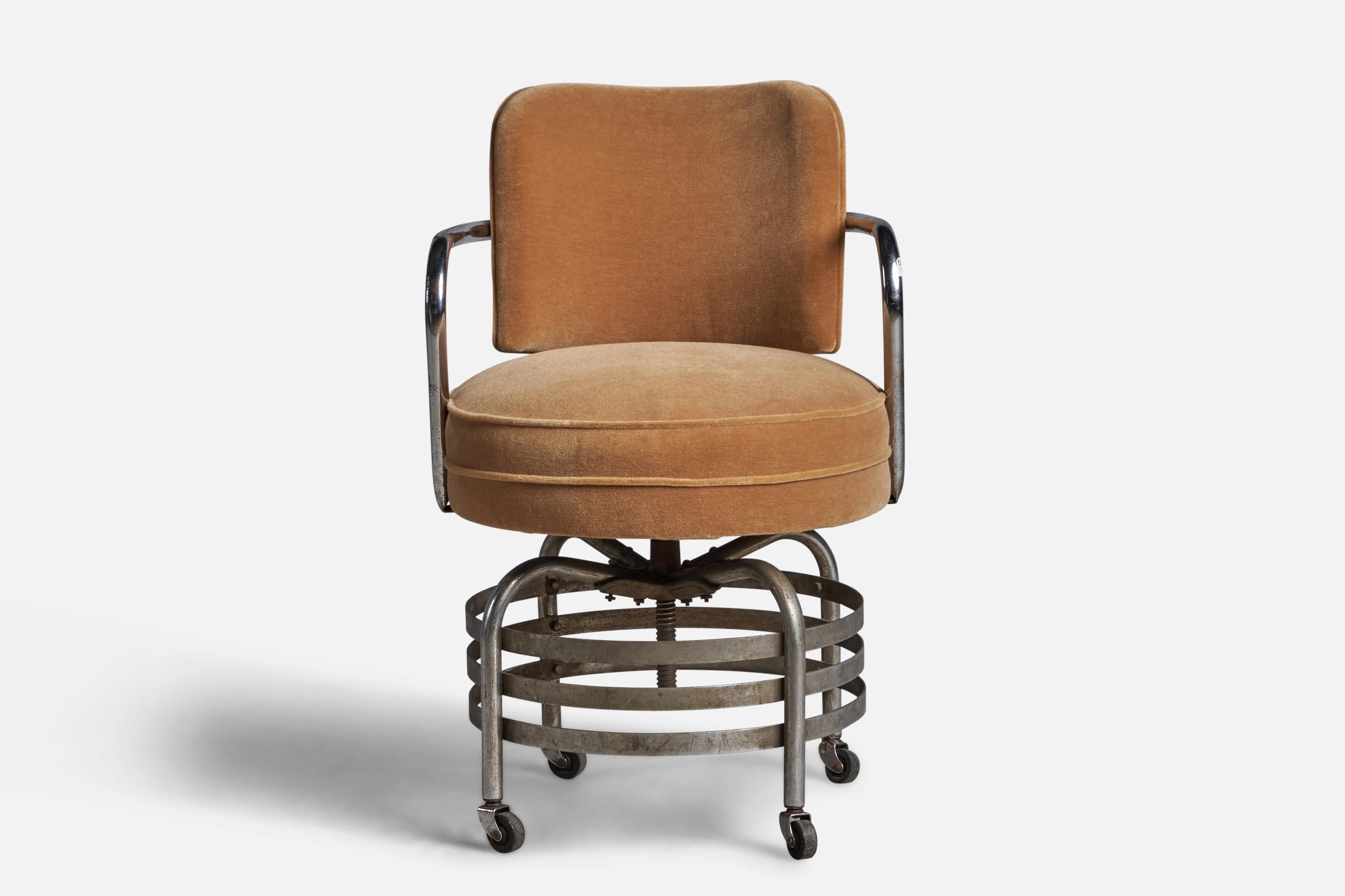 Machine Age American Designer, Desk Chair, Chrome Metal, Mohair, USA, 1930s For Sale