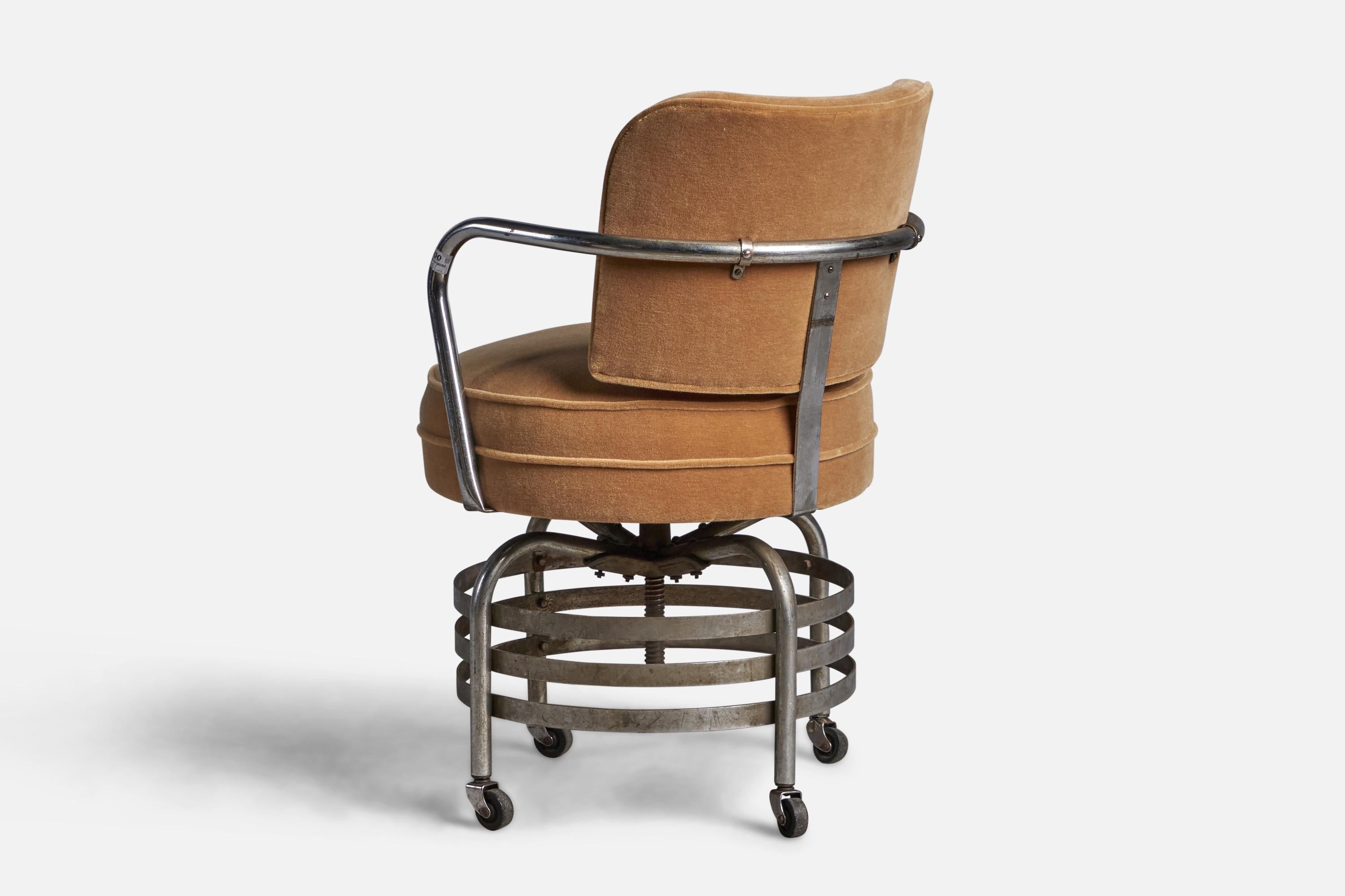 Diseñador americano, silla de escritorio, metal cromado, mohair, EEUU, años 30 Estadounidense en venta