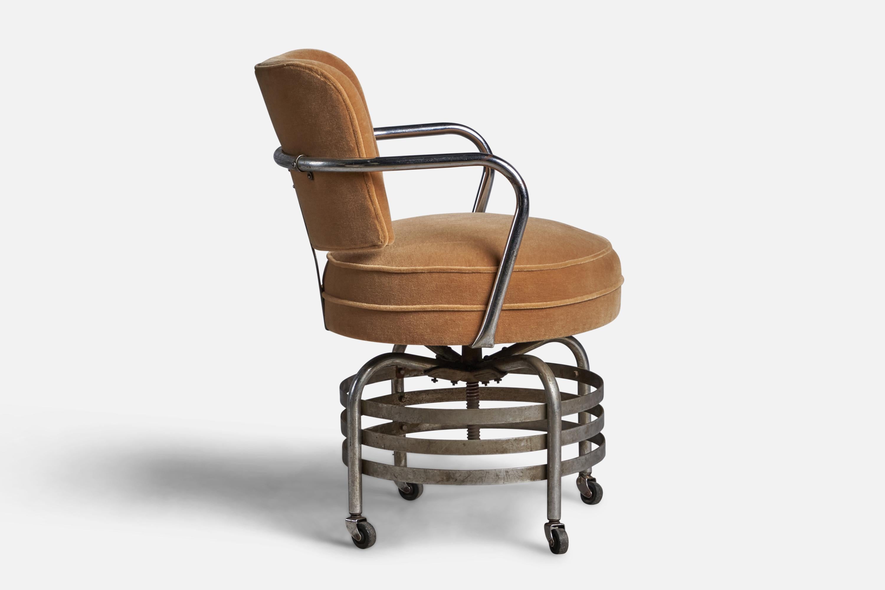 Mid-20th Century American Designer, Desk Chair, Chrome Metal, Mohair, USA, 1930s For Sale