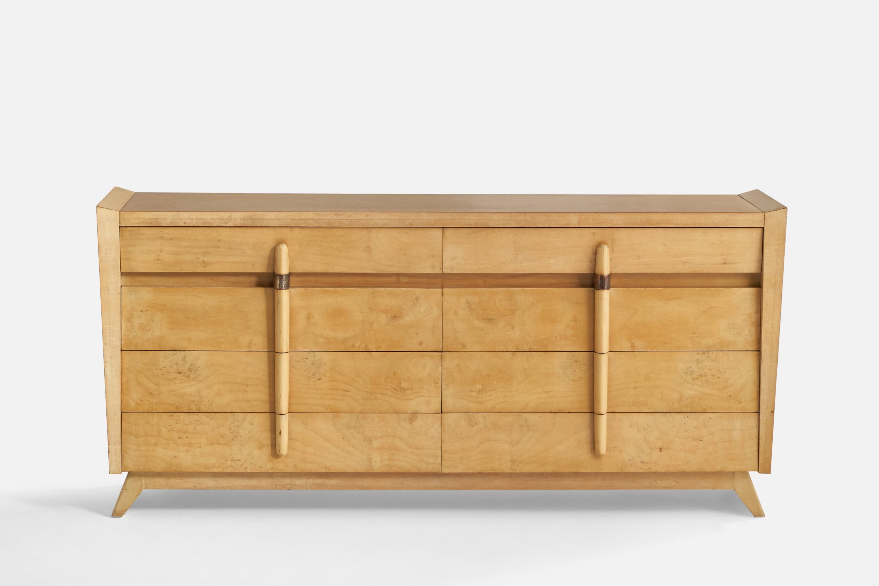 A maple and brass dresser designed and produced in the US, 1950s.