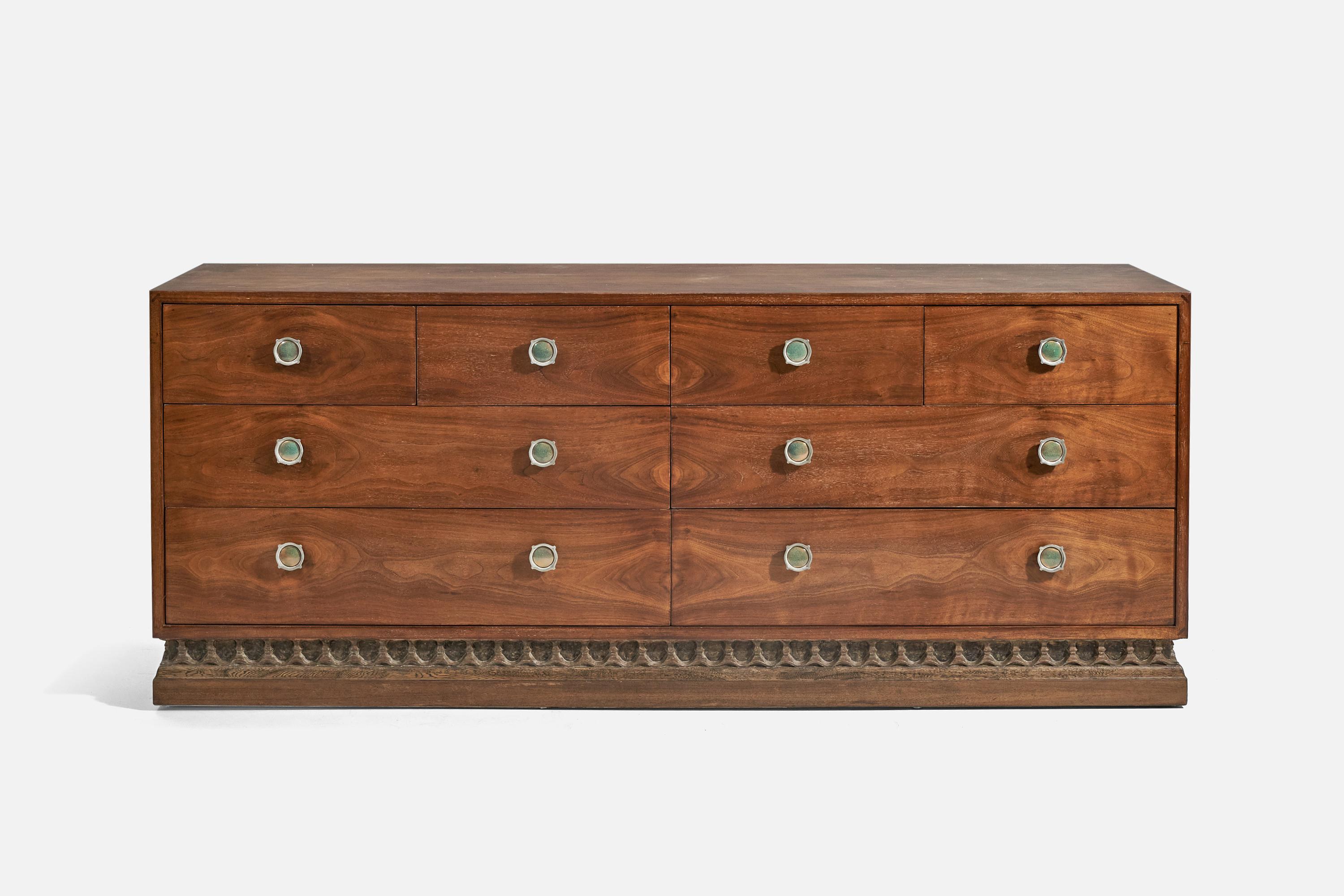 A walnut, brass and enamel dresser designed and produced by an American designer, 1940s.
 