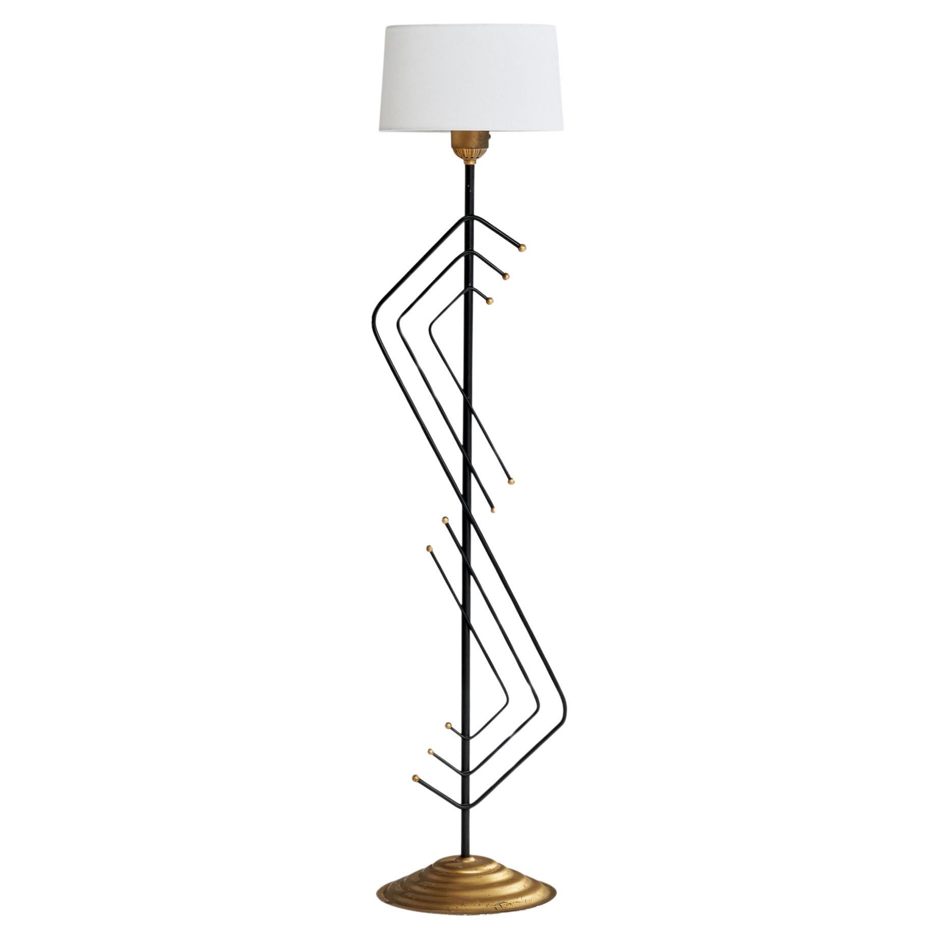 American Designer, Floor Lamp, Brass, Metal, Fabric, USA, 1950s