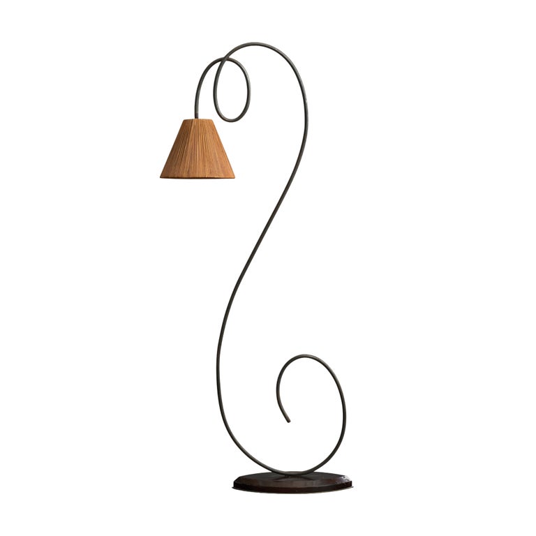 American Designer, Floor Lamp, Iron, Wood, Rattan, USA, 1950s