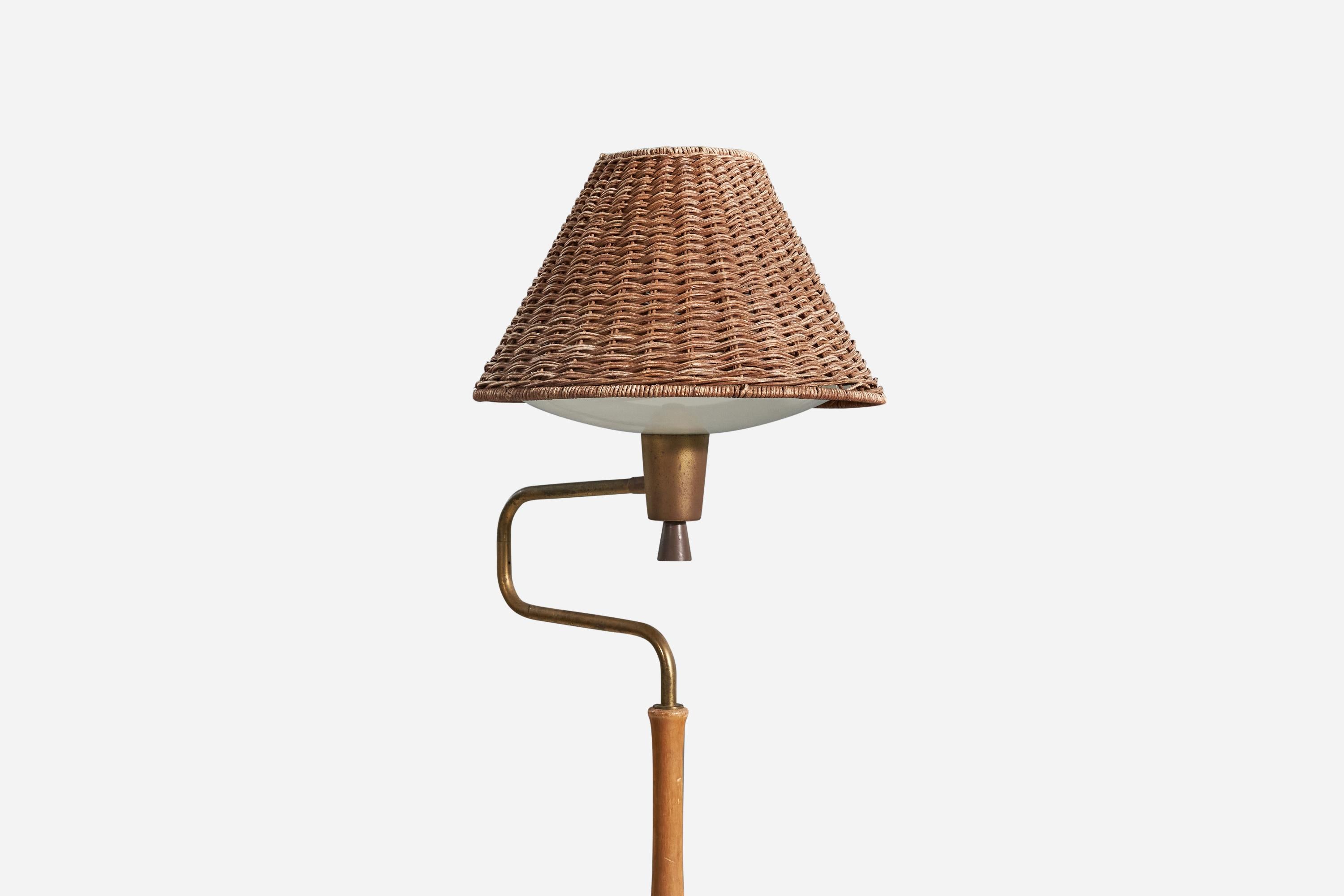 American Designer, Floor Lamp, Metal, Brass, Wood, Rattan, Acrylic, USA, 1950s In Good Condition In High Point, NC