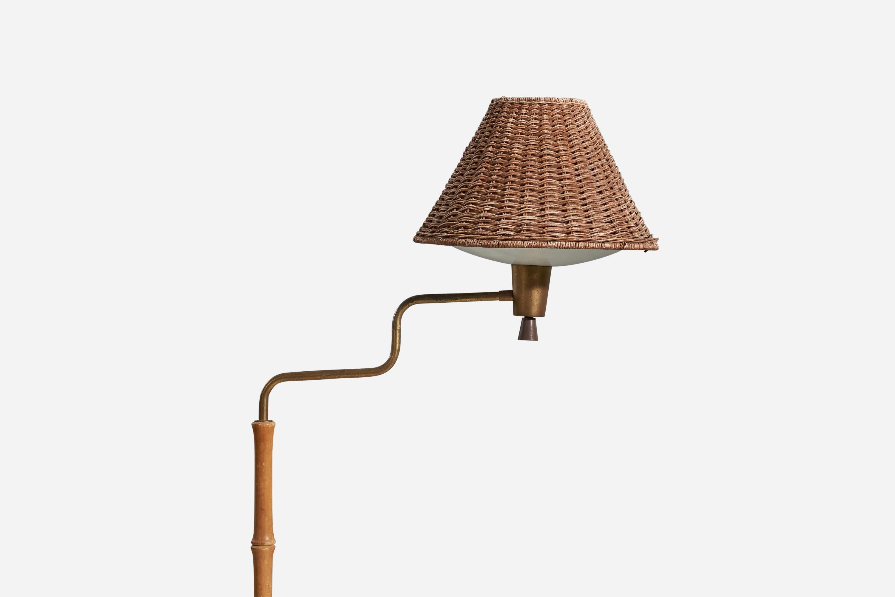American Designer, Floor Lamp, Metal, Brass, Wood, Rattan, Acrylic, USA, 1950s 1