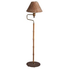 American Designer, Floor Lamp, Metal, Brass, Wood, Rattan, Acrylic, USA, 1950s