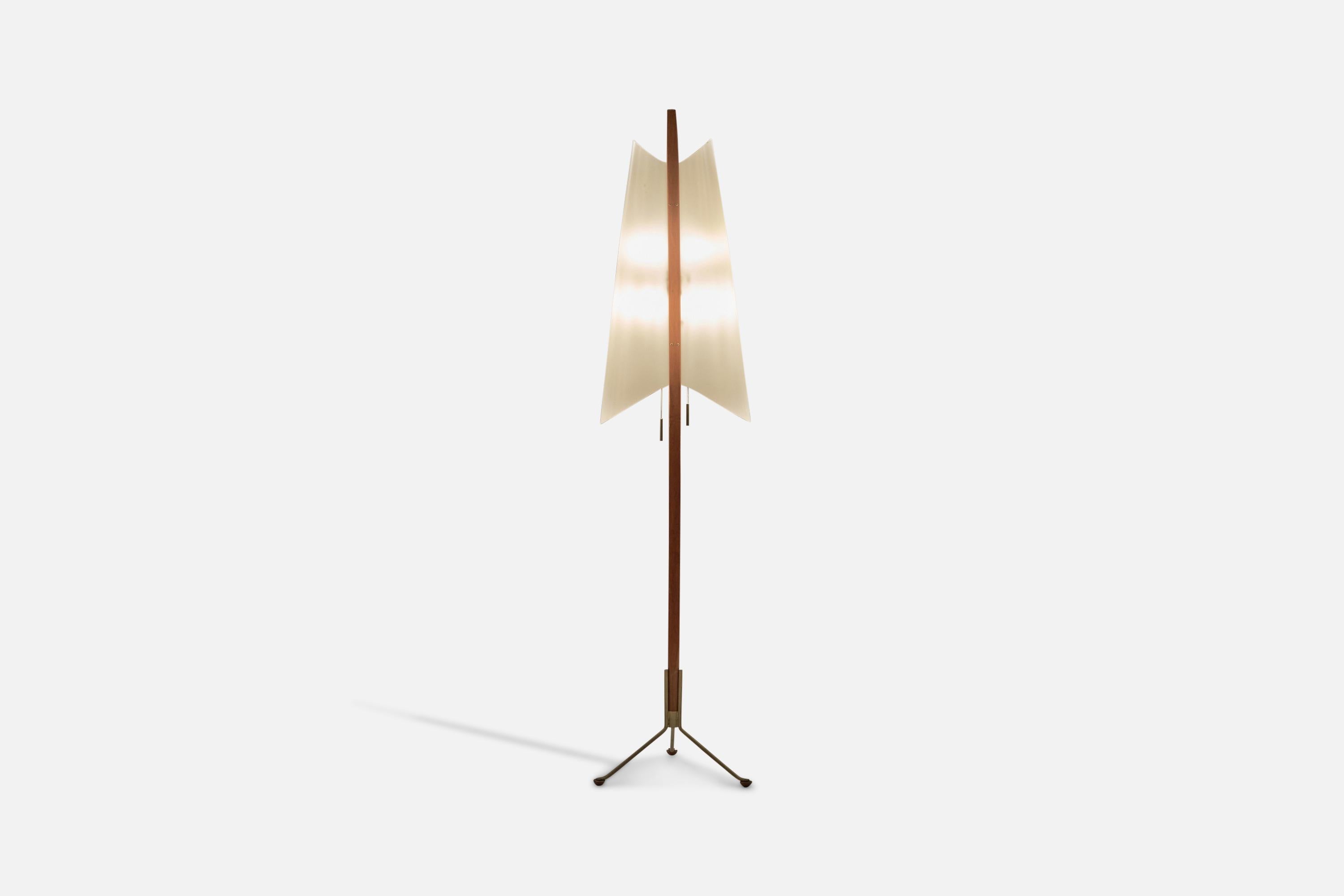 American Designer, Floor Lamp, Teak, Brass, Acrylic, United States, 1950s For Sale 1