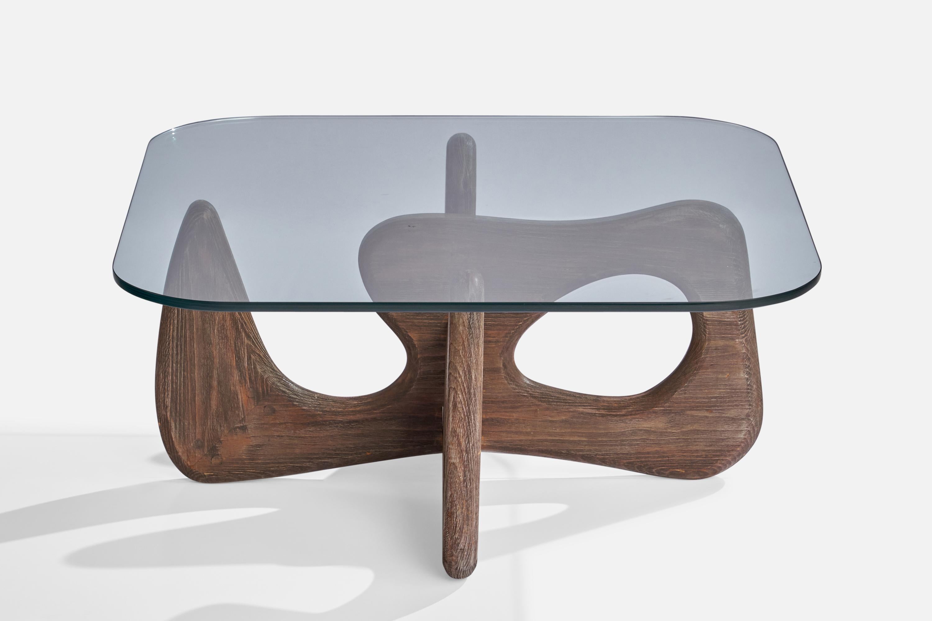 Mid-Century Modern American Designer, Freeform Coffee Table, Pine, Glass, USA, 1950s For Sale