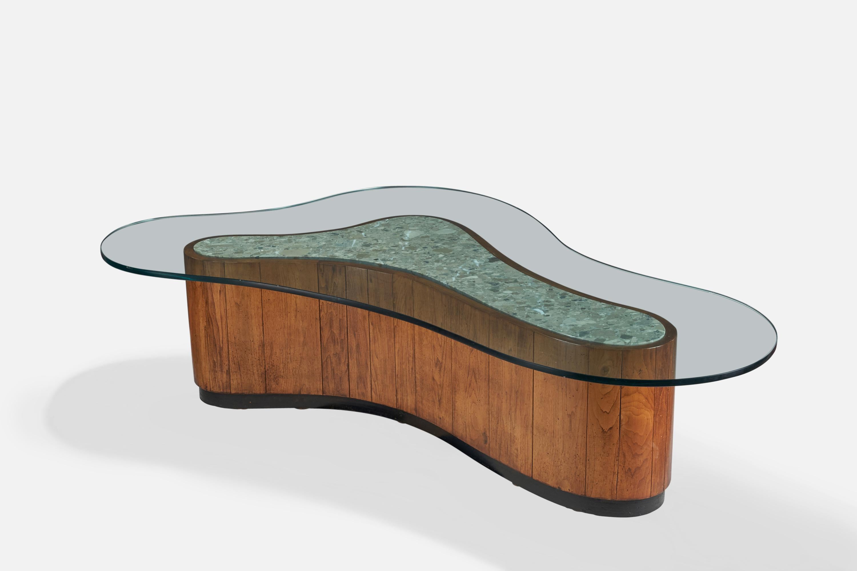 A walnut, marble and glass coffee table designed and produced by American Designer, USA, 1950s.