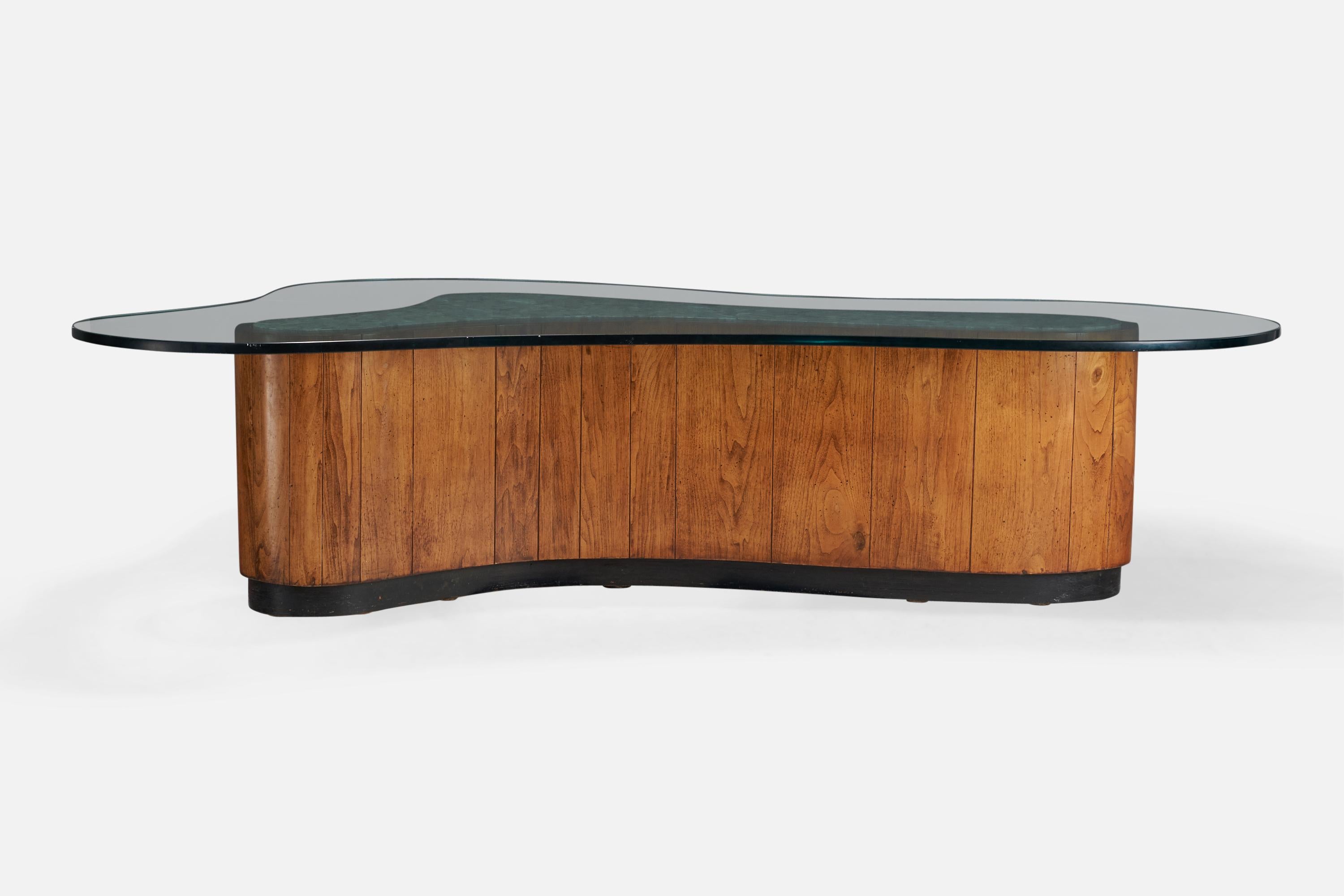 Mid-Century Modern American Designer, Large Coffee Table, Walnut, Marble, Glass, USA, 1950s For Sale