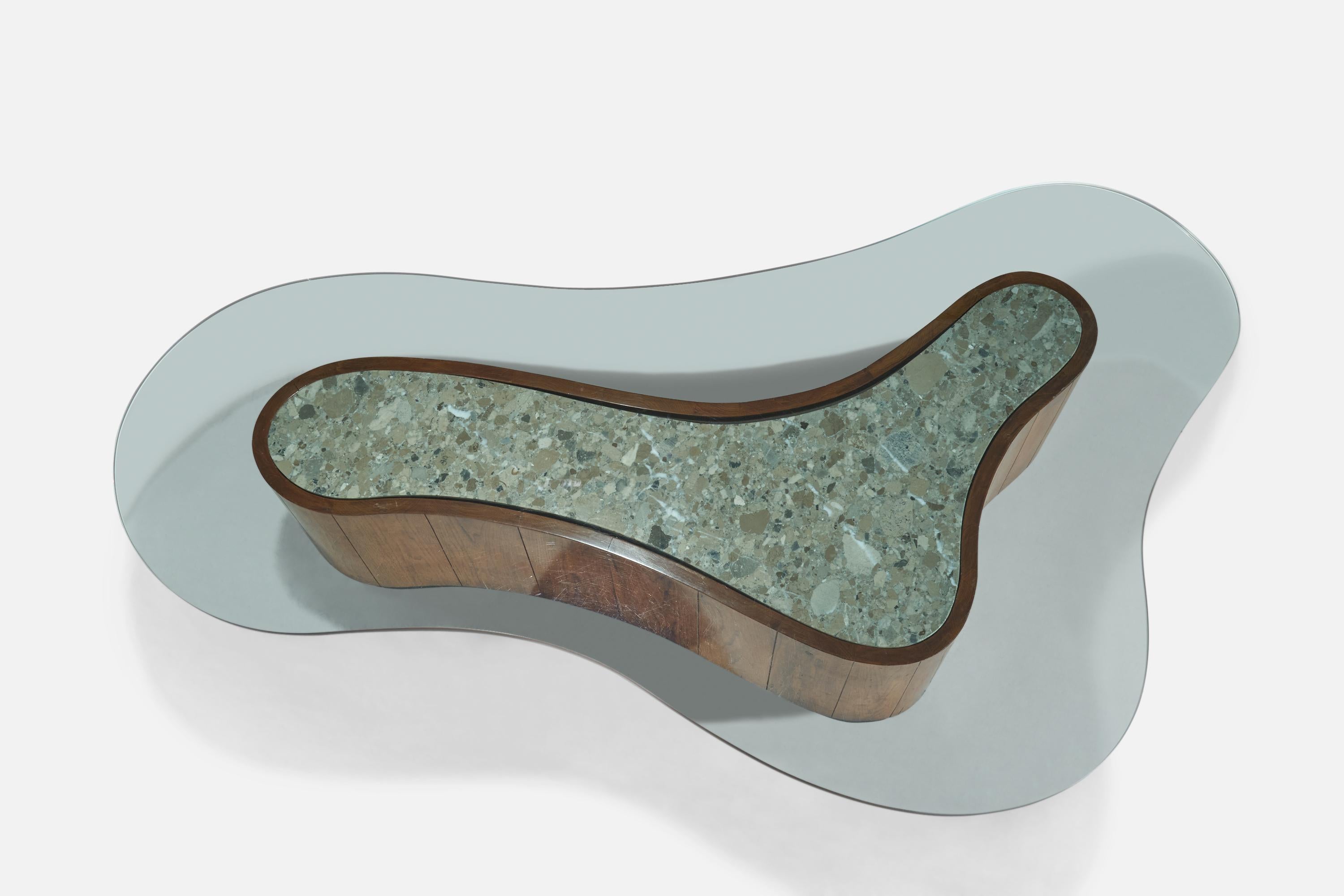 Grand Table Basse Américaine, Noyer, Marbre, Verre, États-Unis, Années 1950 Bon état - En vente à High Point, NC