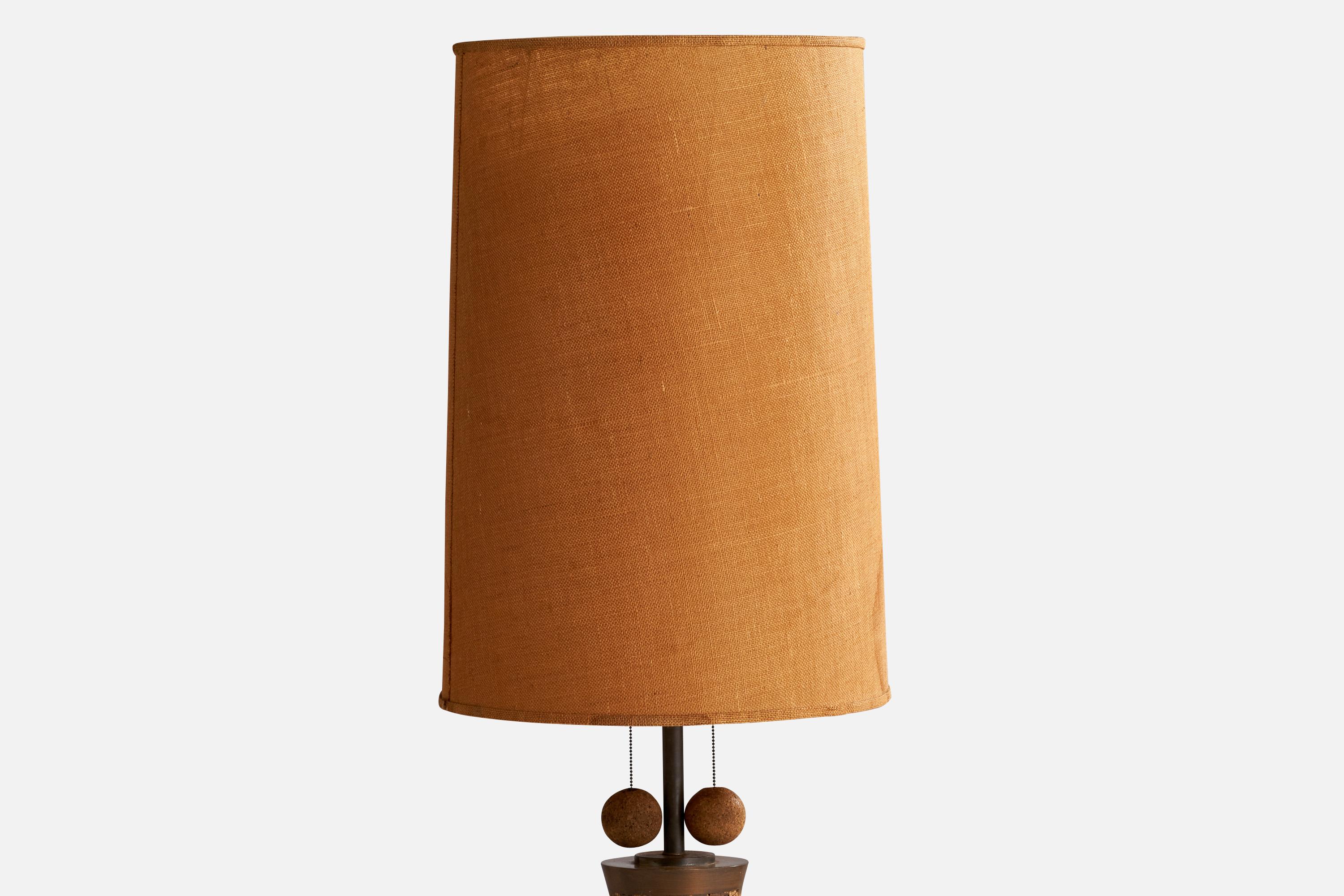 Scandinave moderne Designer américain, grand lampadaire, liège, laiton, tissu, États-Unis, années 1950 en vente