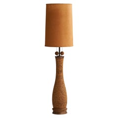 American Designer, Large Floor Lamp, Cork, Brass, Fabric, USA, 1950s