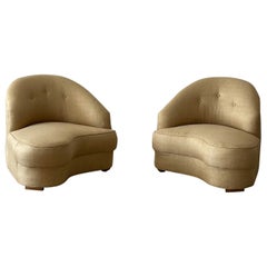 American Designer, Large Freeform Lounge Chairs, Wood, Fabric, USA, 1940s