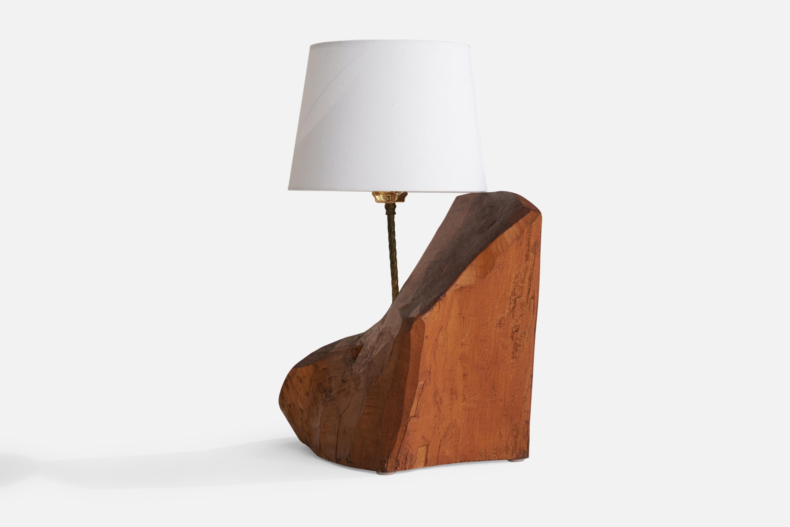 Mid-20th Century American Designer, Large Freeform Table Lamp, Wood, Brass, USA, 1950s For Sale