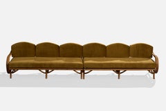 Amerikanischer Designer, Großes Sofa, Bambus, Holz, Samt, USA, 1950er Jahre