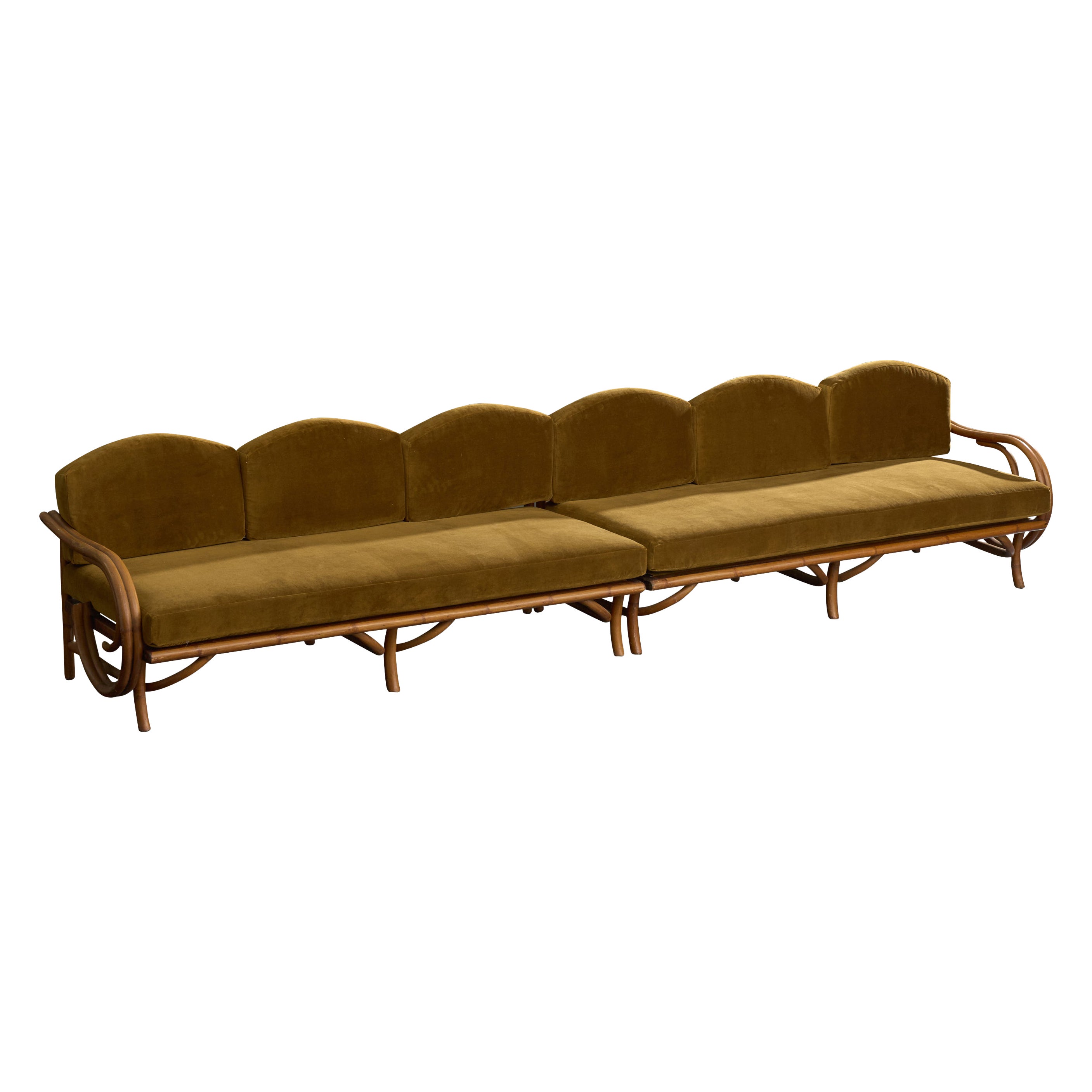 American Designer, Divano grande, Bambù, Legno, Velluto, USA, anni '50