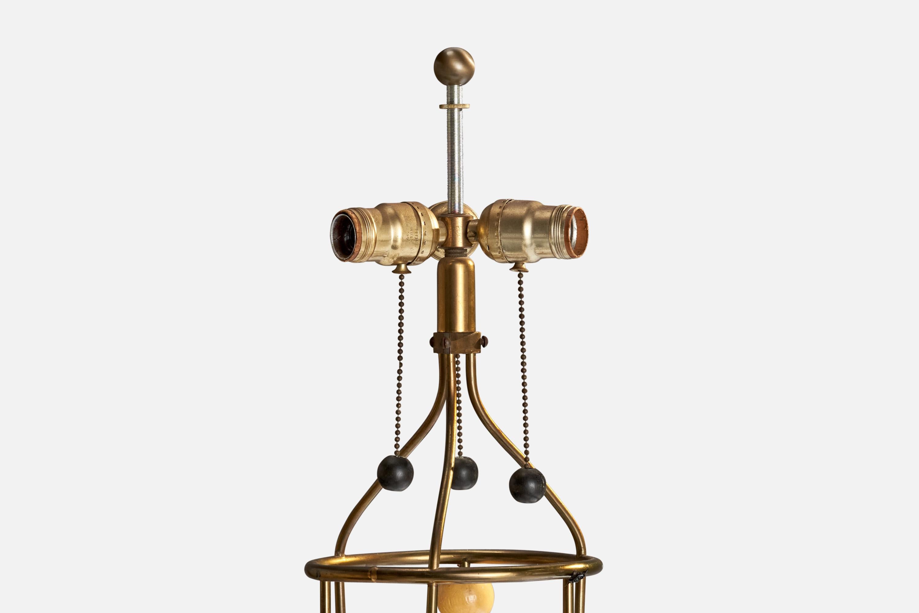 American Designer, Large Table Lamp, Brass, Wood, Fabric, USA, 1950s For Sale 5