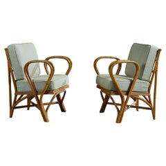 Diseñador estadounidense, sillón de descanso, bambú, tela, EE. UU., década de 1970