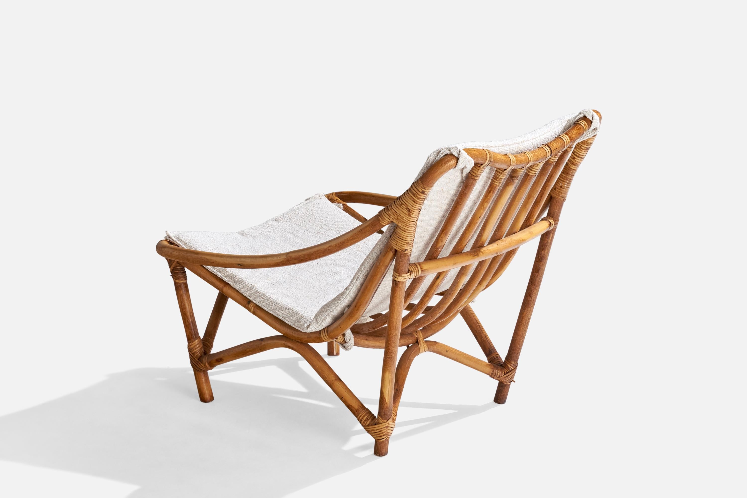 Mid-20th Century American Designer, Lounge Chair, Bamboo, Rattan, Fabric, USA, 1950s For Sale