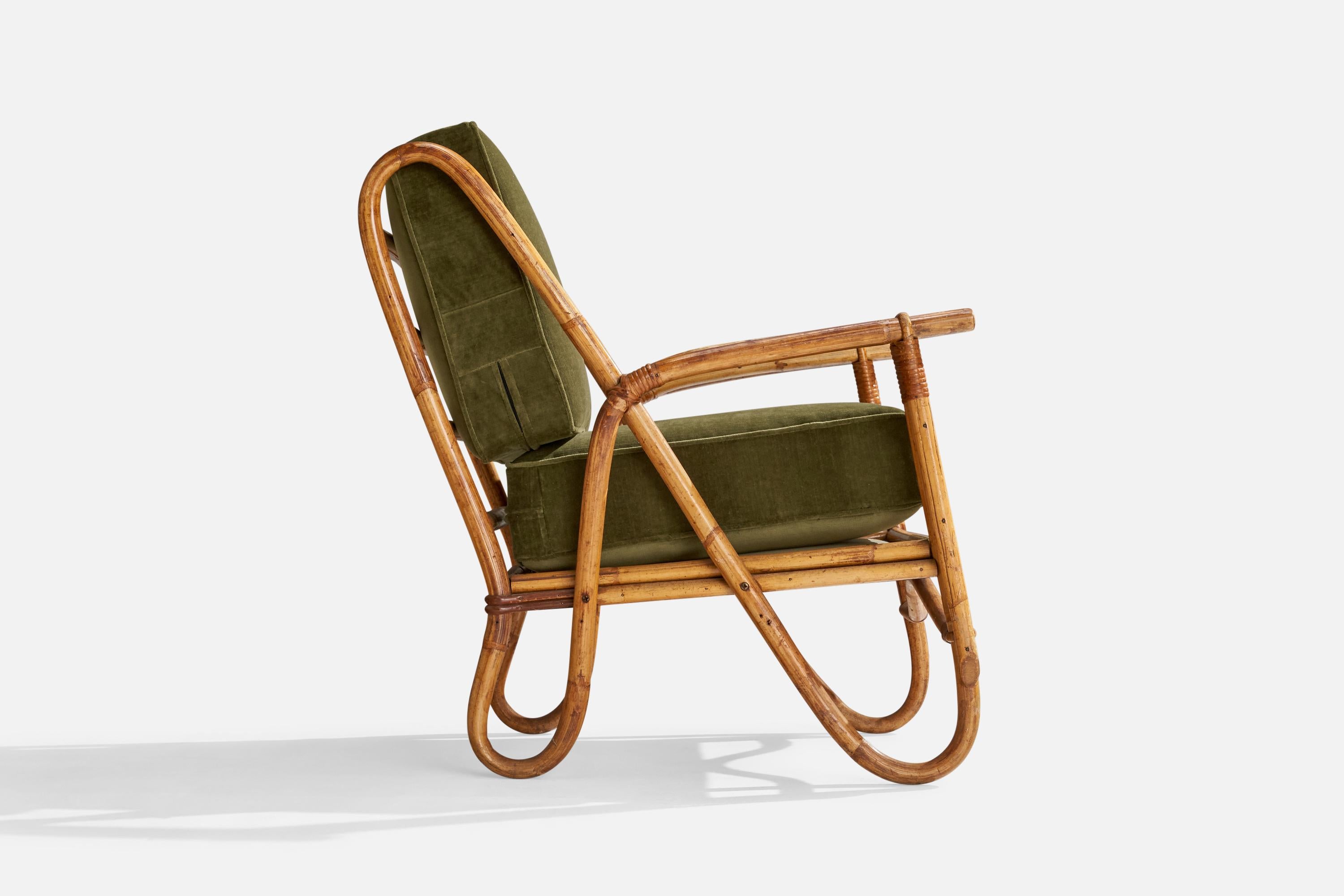 American Designer, Lounge Chair, Bamboo, Rattan, Velvet, USA, 1950s 5