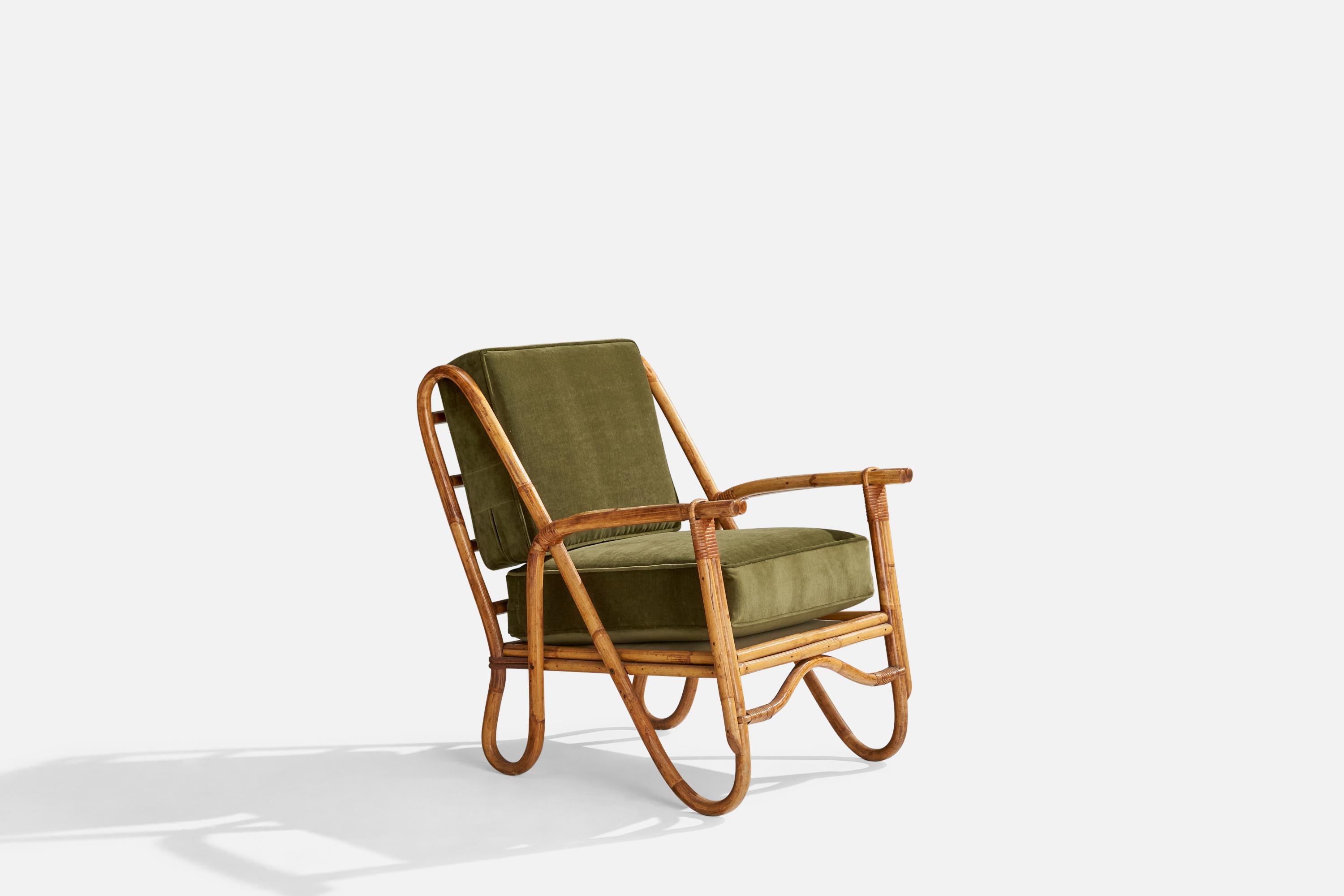A moulded bamboo, rattan and green velvet lounge chair designed and produced in the US, c. 1950s.

Seat height: 18”