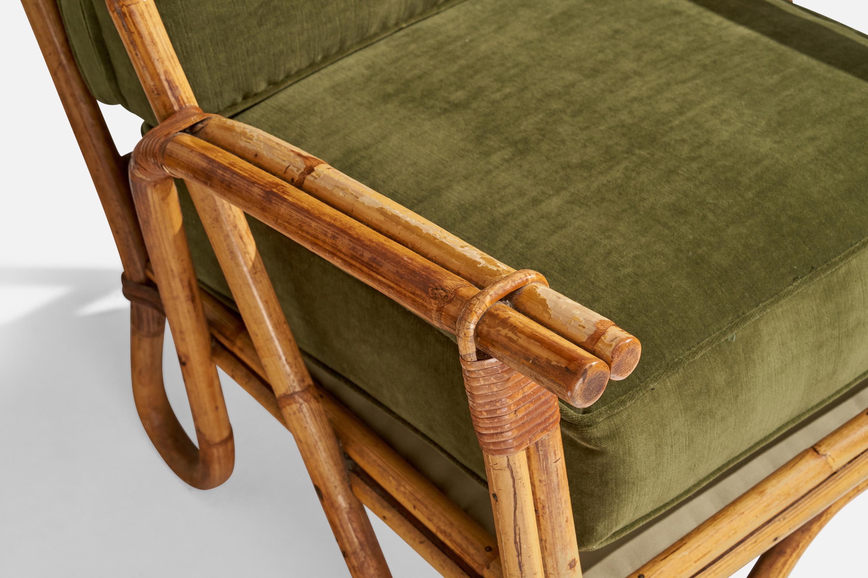 Mid-Century Modern American Designer, Lounge Chair, Bamboo, Rattan, Velvet, USA, 1950s