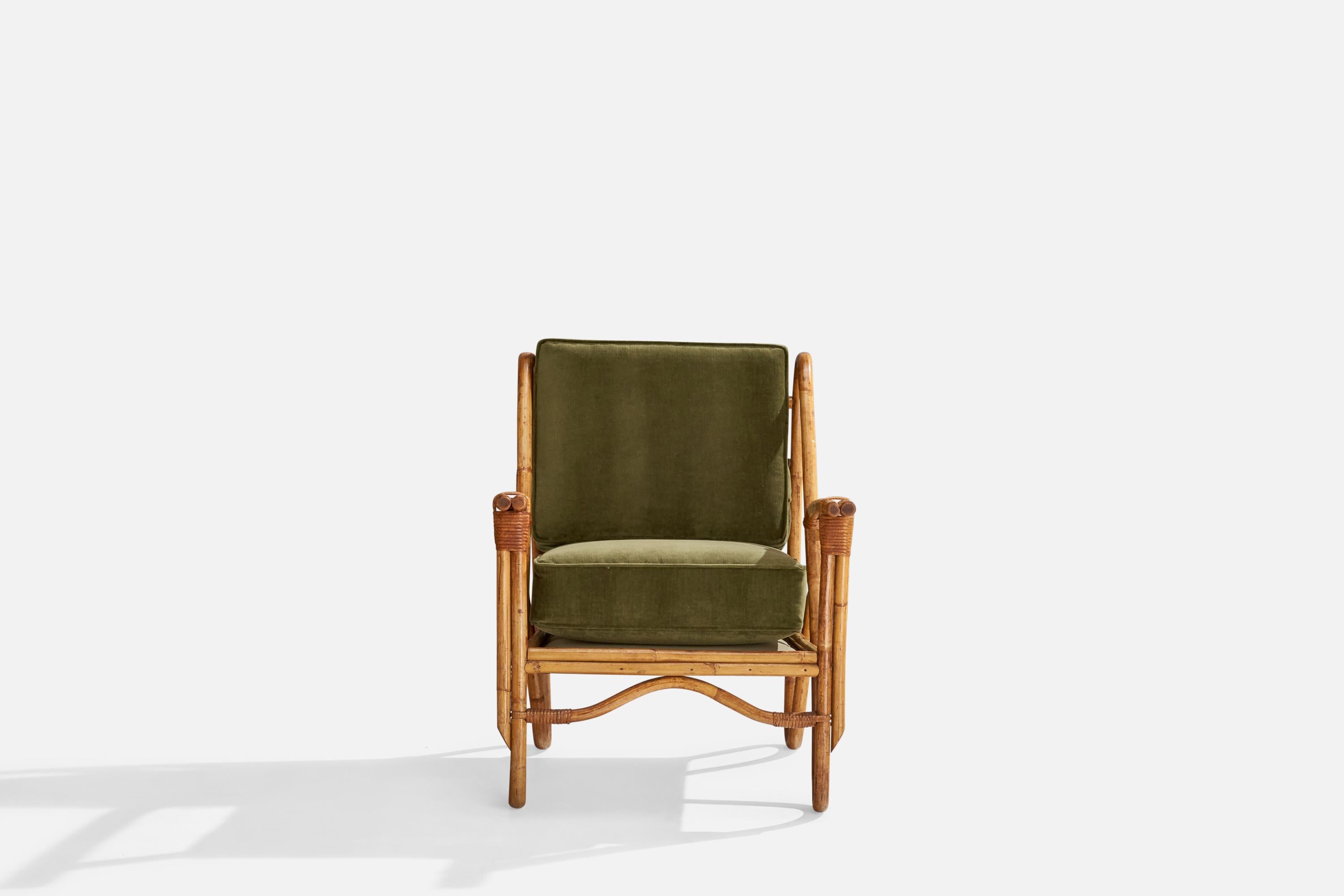 American Designer, Lounge Chair, Bamboo, Rattan, Velvet, USA, 1950s 1