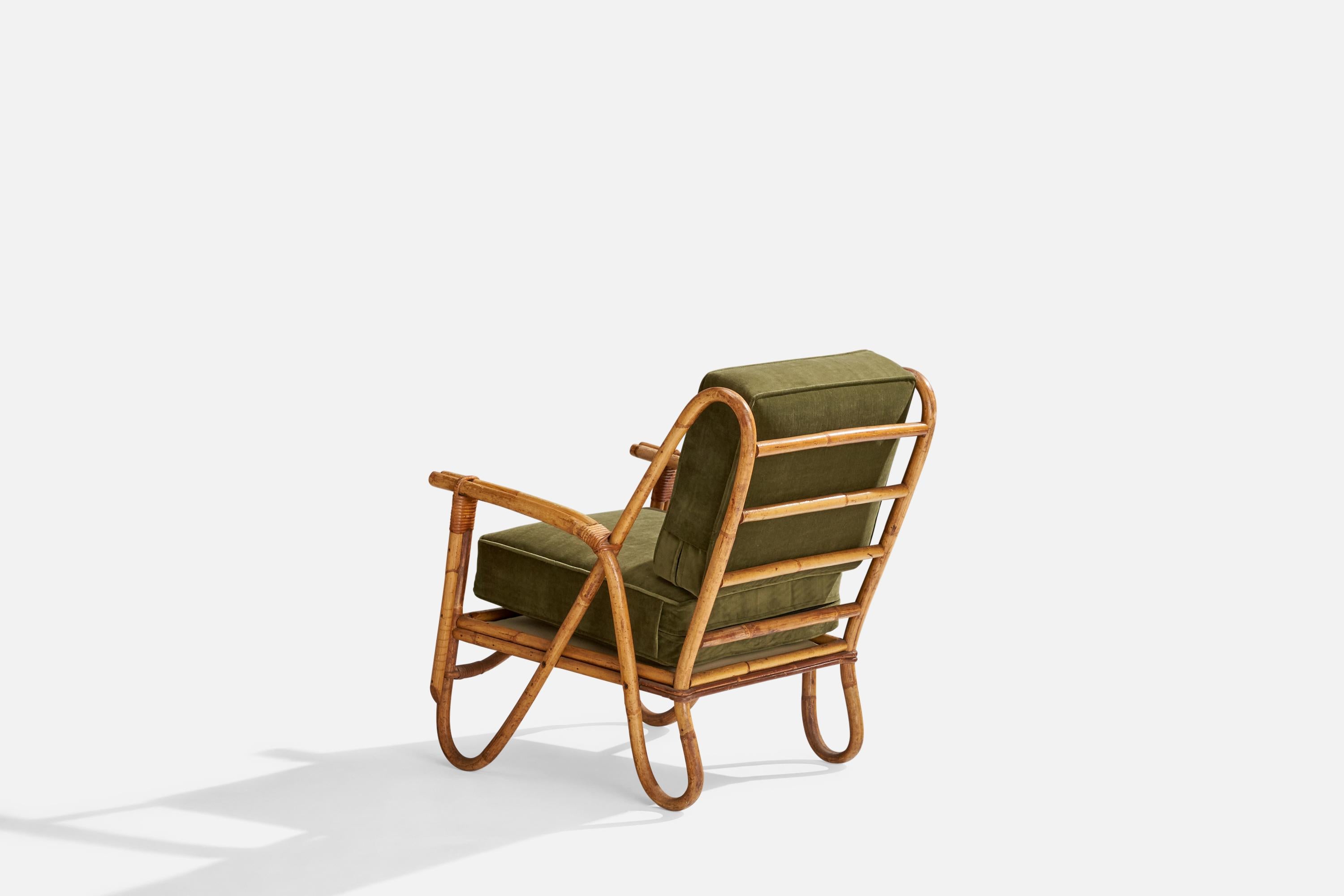 American Designer, Lounge Chair, Bamboo, Rattan, Velvet, USA, 1950s 2