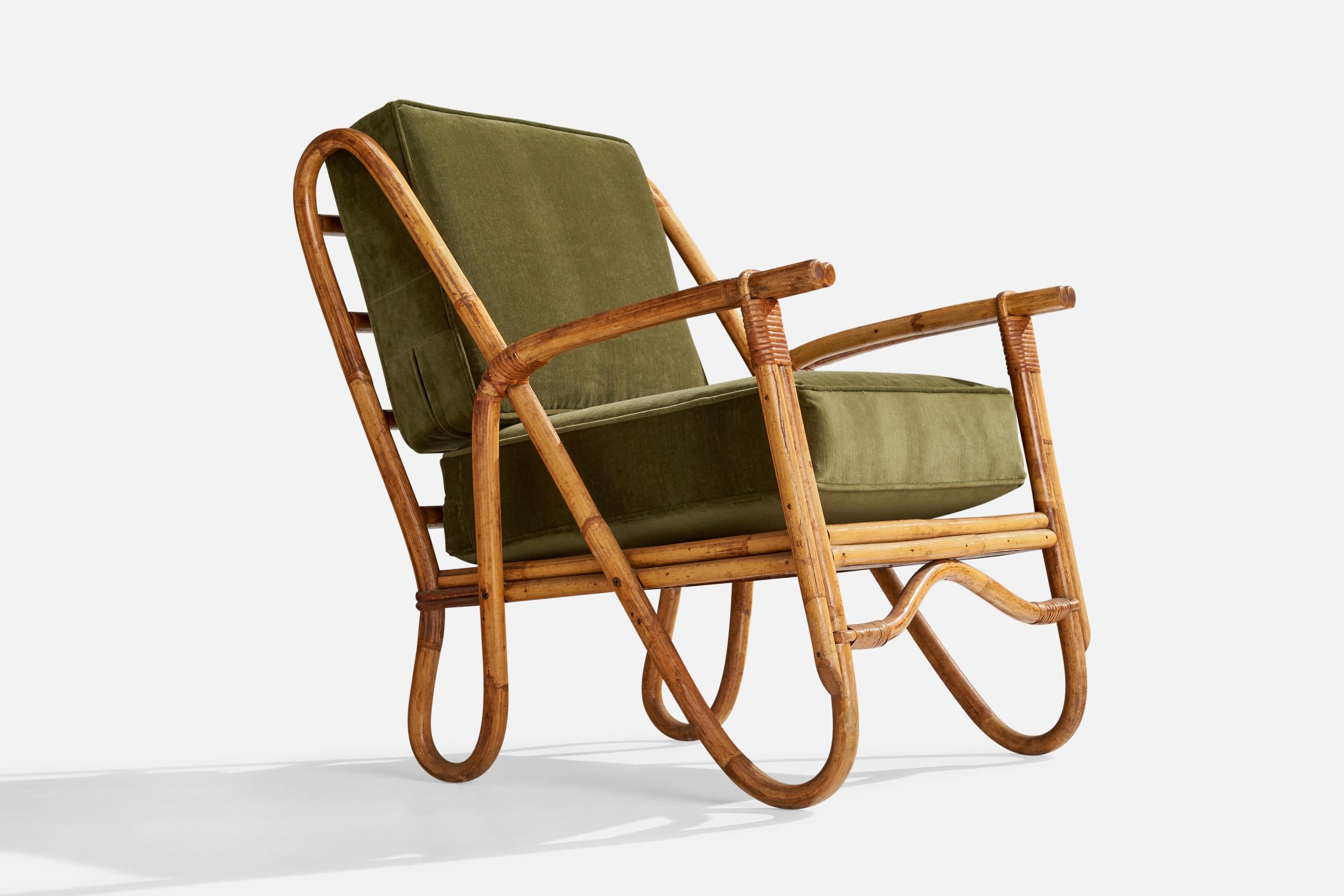 American Designer, Lounge Chair, Bamboo, Rattan, Velvet, USA, 1950s 3