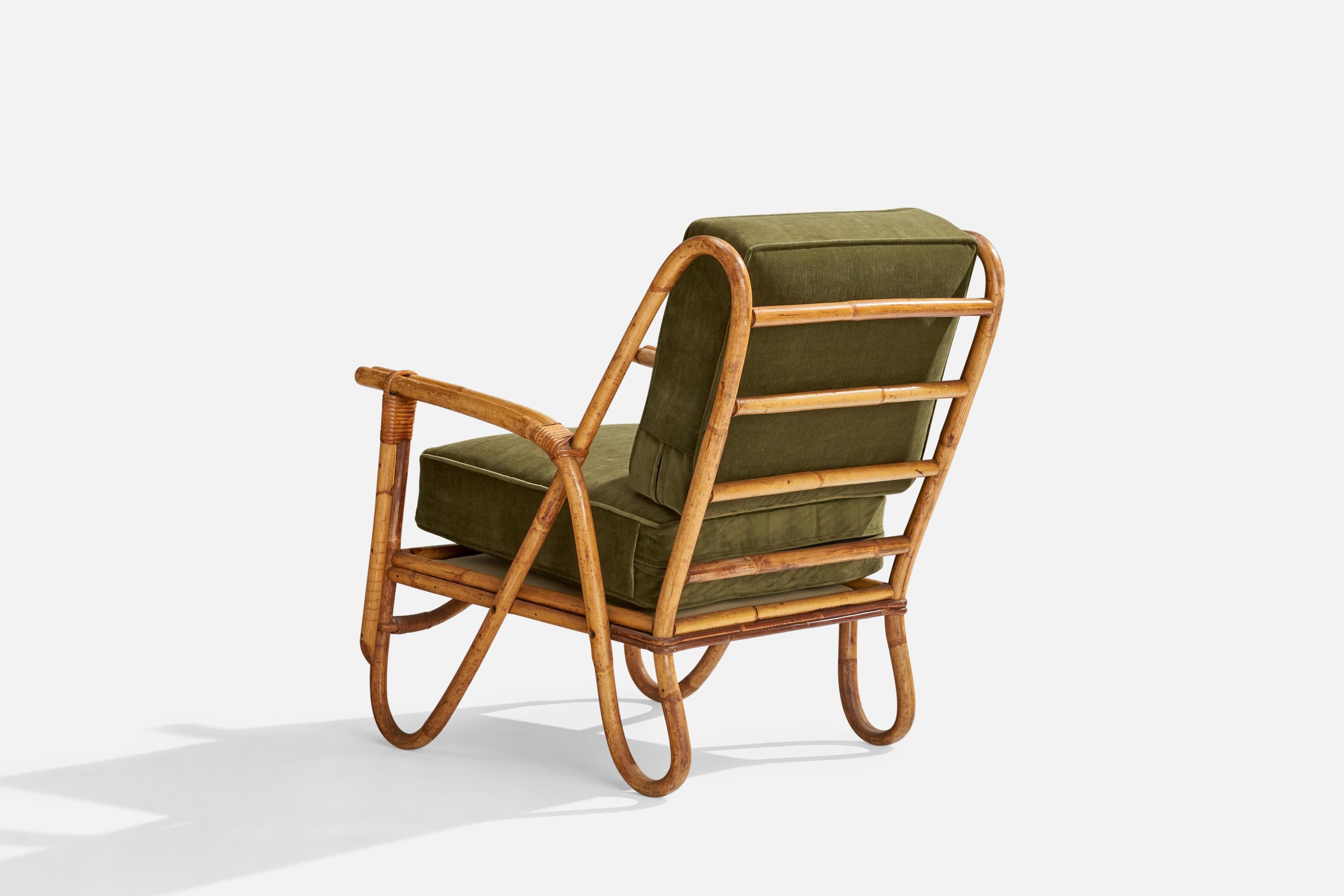 American Designer, Lounge Chair, Bamboo, Rattan, Velvet, USA, 1950s 4