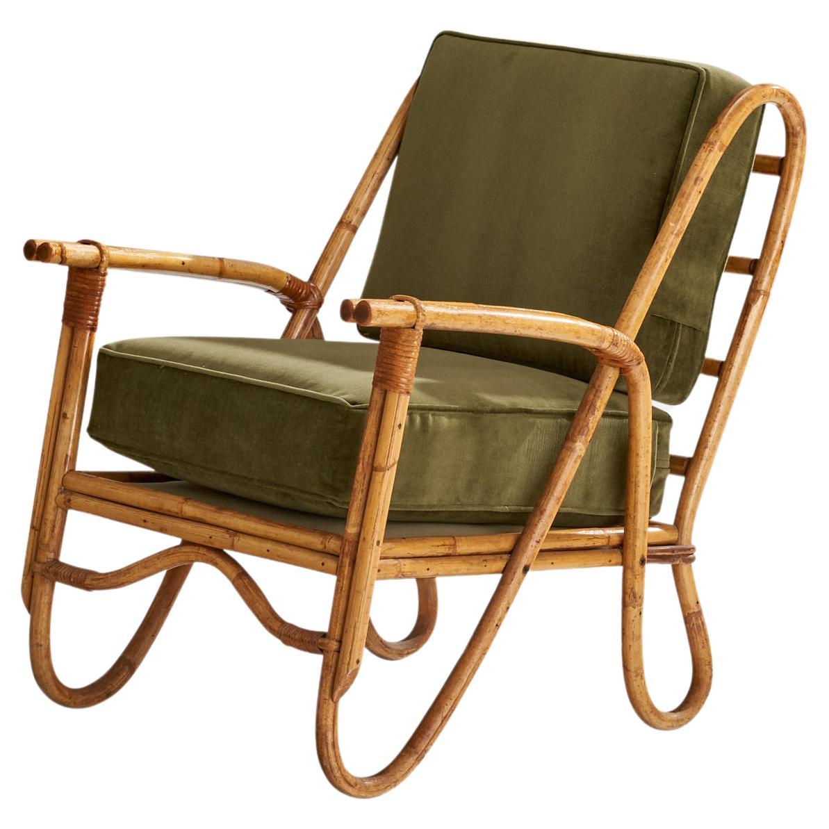 American Designer, Lounge Chair, Bamboo, Rattan, Velvet, USA, 1950s