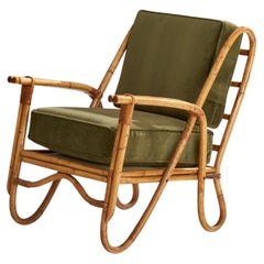 American Designer, Lounge Chair, Bamboo, Rattan, Velvet, USA, 1950s