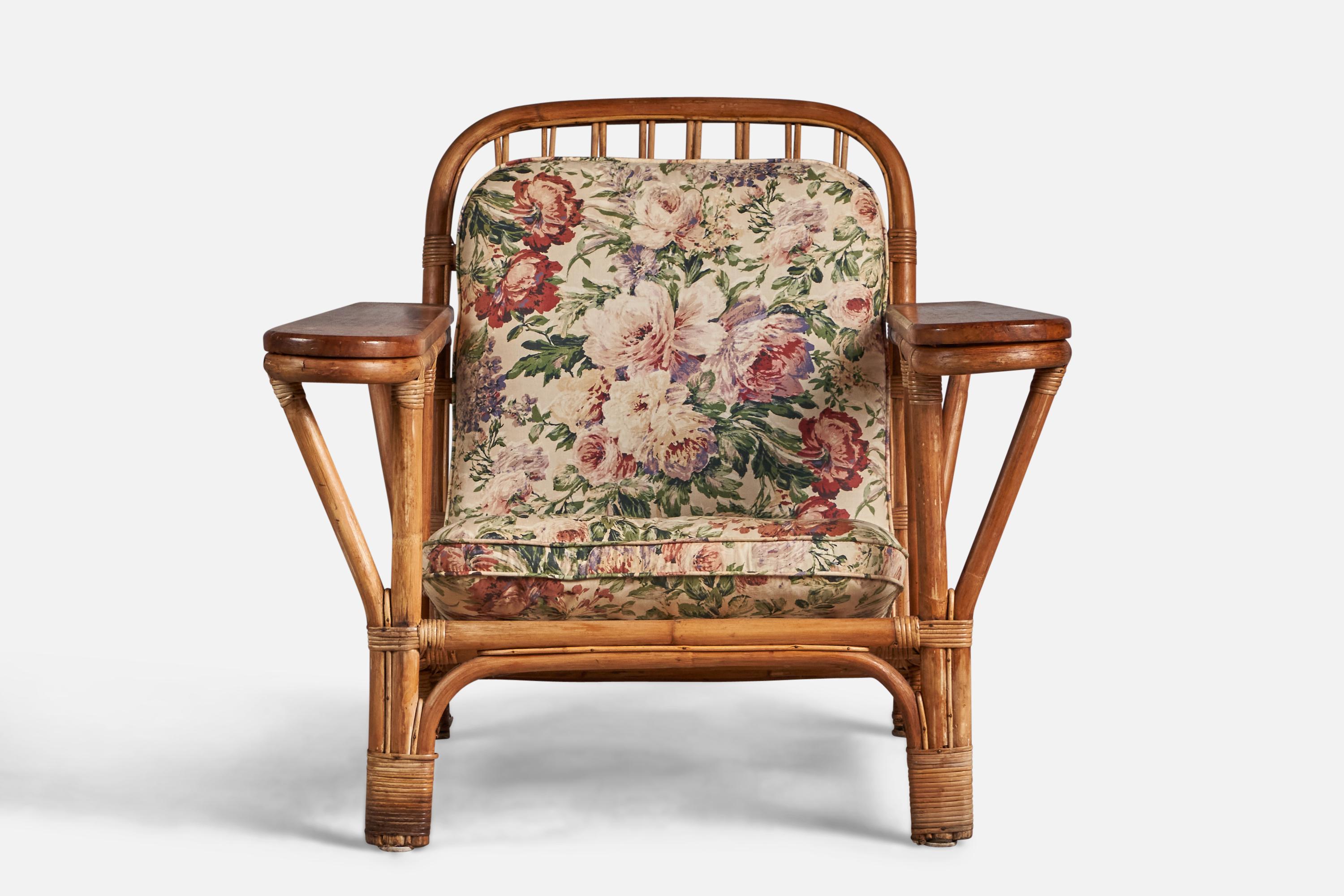 Mid-Century Modern American Designer, Lounge Chair, Bamboo, Rattan, Wood, Fabric, USA, 1950s For Sale