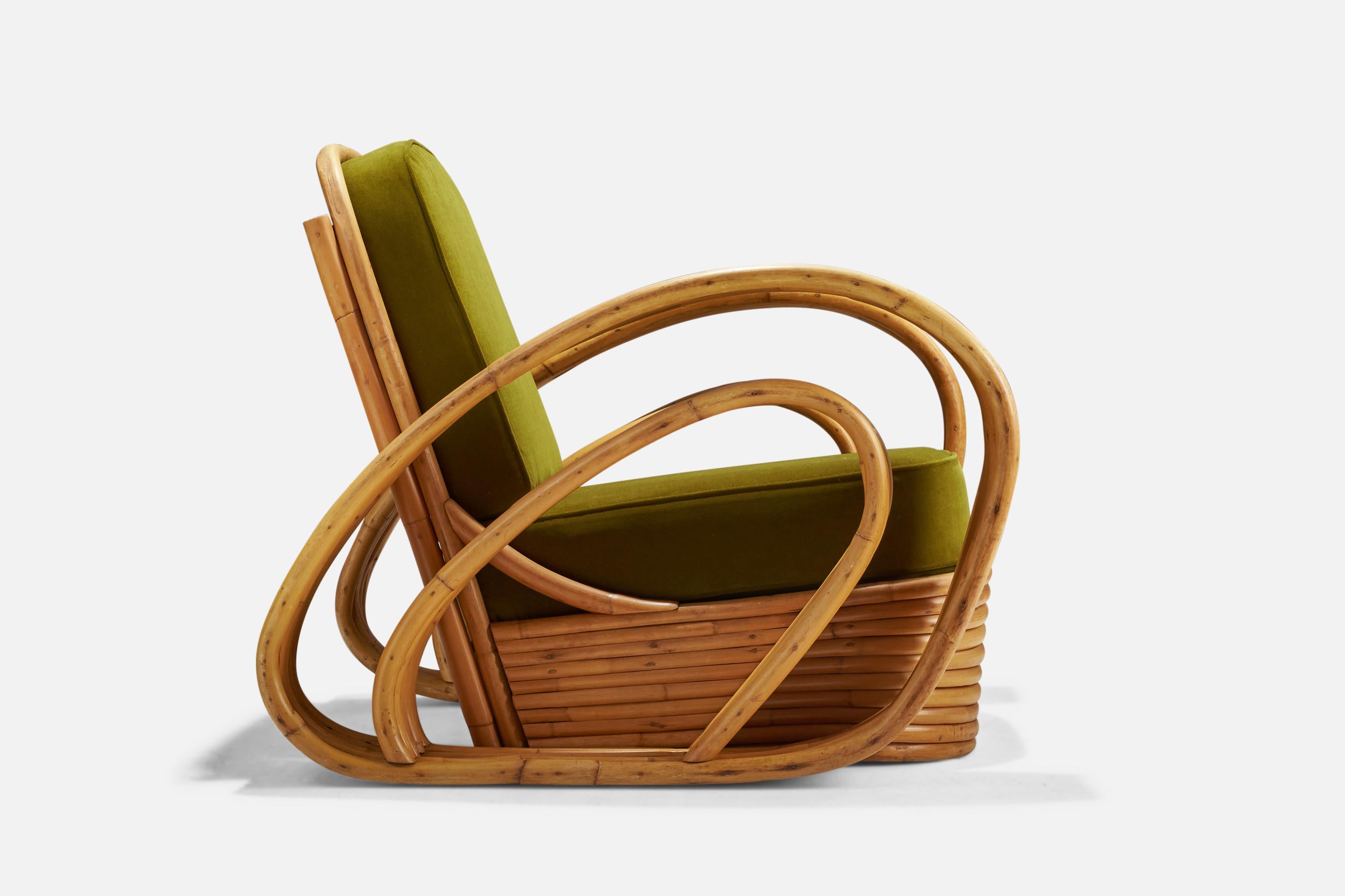 Chaise longue en bambou et en velours conçue et produite par un designer américain, États-Unis, années 1940.