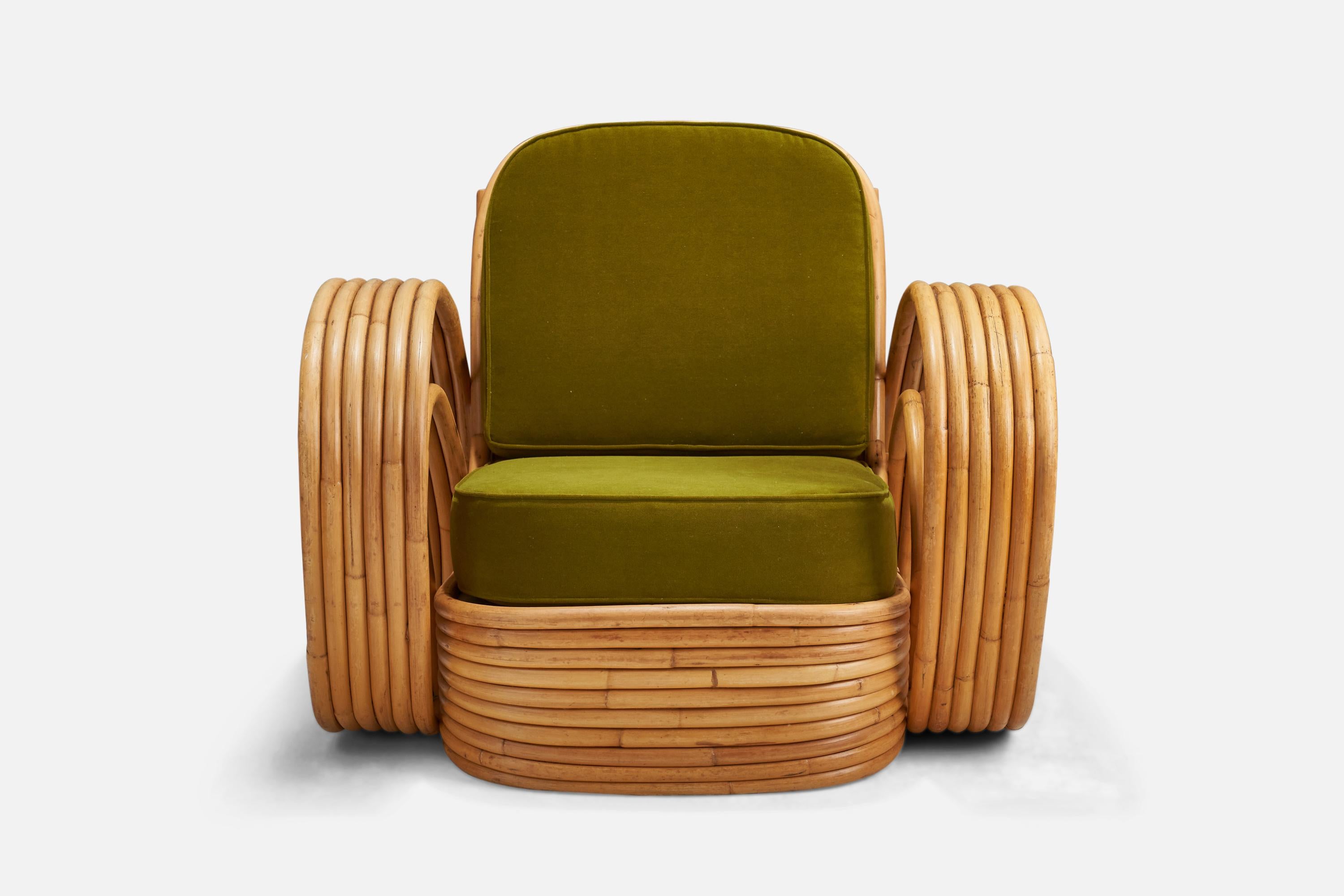 Mid-Century Modern American Designer, Lounge Chair, Bamboo, Velvet, United States, 1940s For Sale