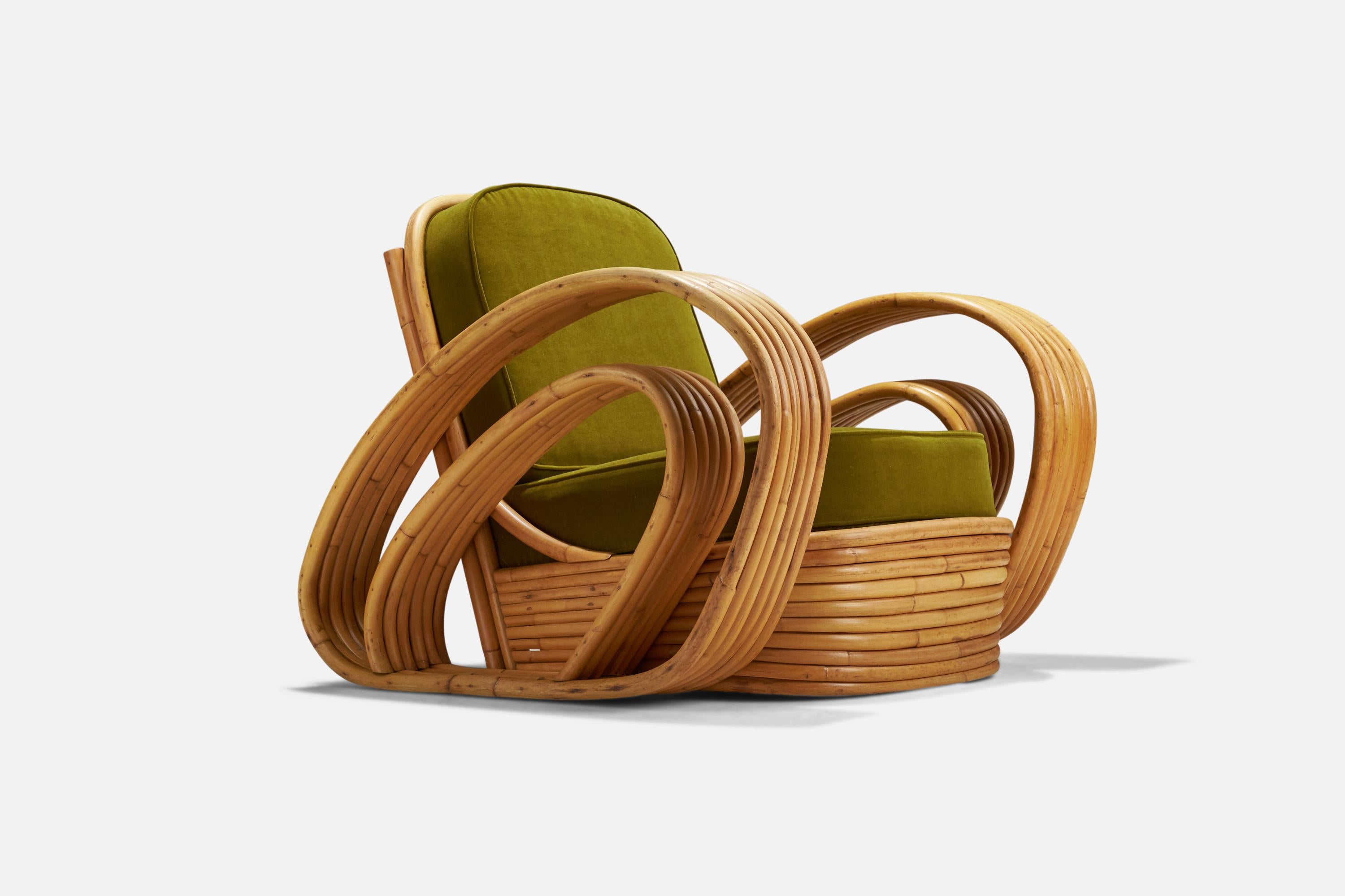 Mid-20th Century American Designer, Lounge Chair, Bamboo, Velvet, United States, 1940s For Sale