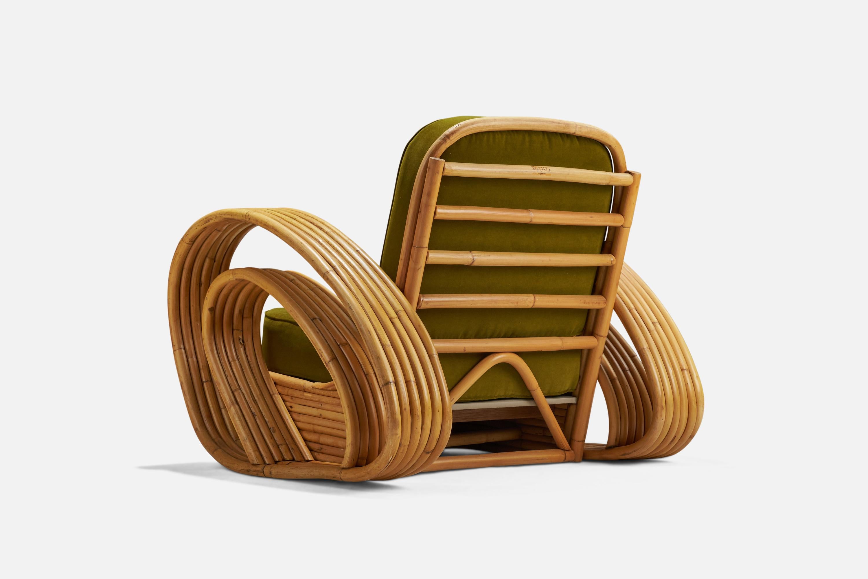 American Designer, Lounge Chair, Bamboo, Velvet, United States, 1940s For Sale 1