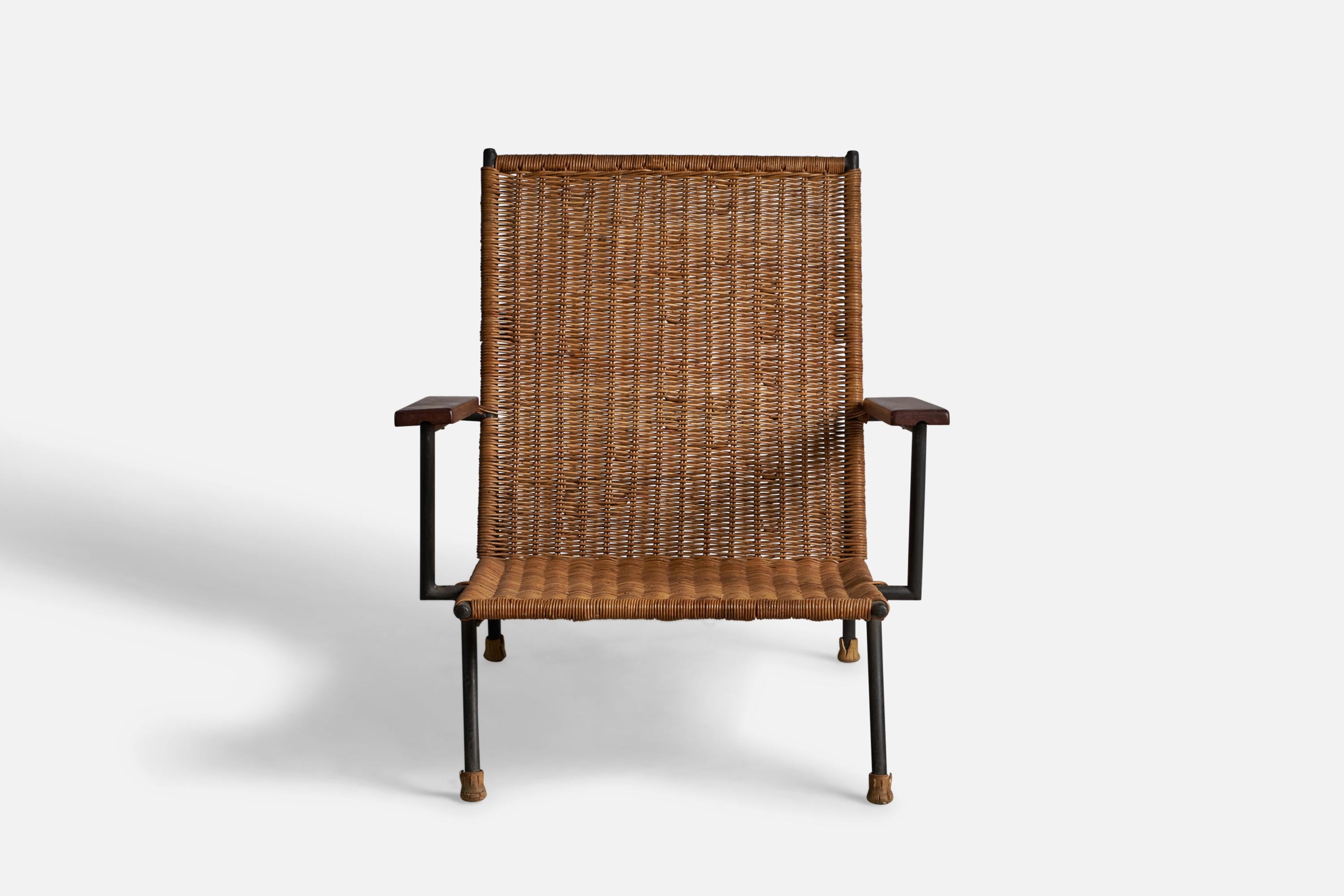Mid-Century Modern American Designer, Lounge Chair, Cane, Wood, Metal, USA, 1950s For Sale