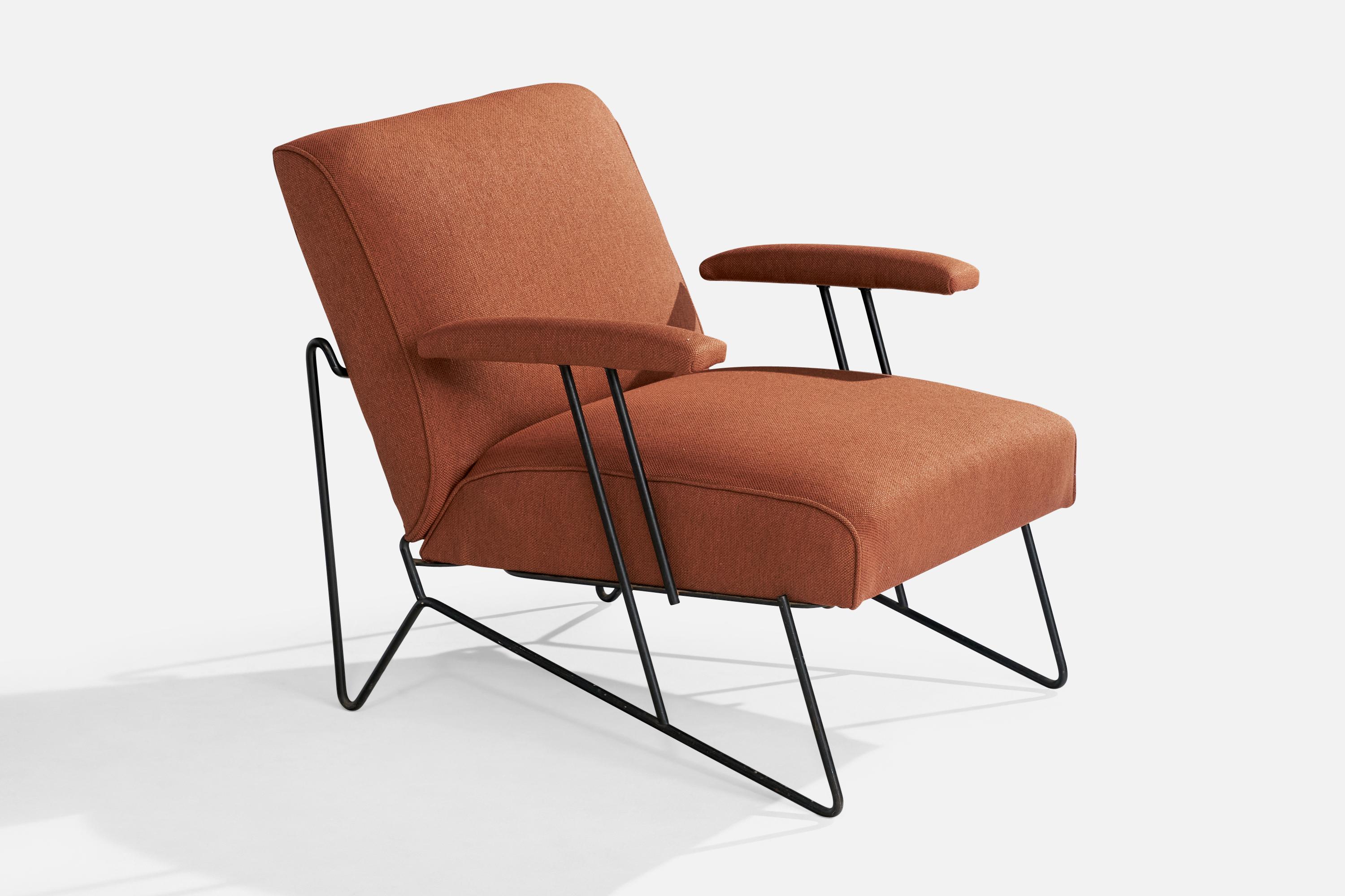 A red fabric and black-painted iron lounge chair designed and produced in the US, c. 1950s.

Dimensions: 29” H x 27” W x 32.75” D

Seat Height: 14.75”

All upholstered furniture can be reupholstered upon request for an additional fee. Lead times