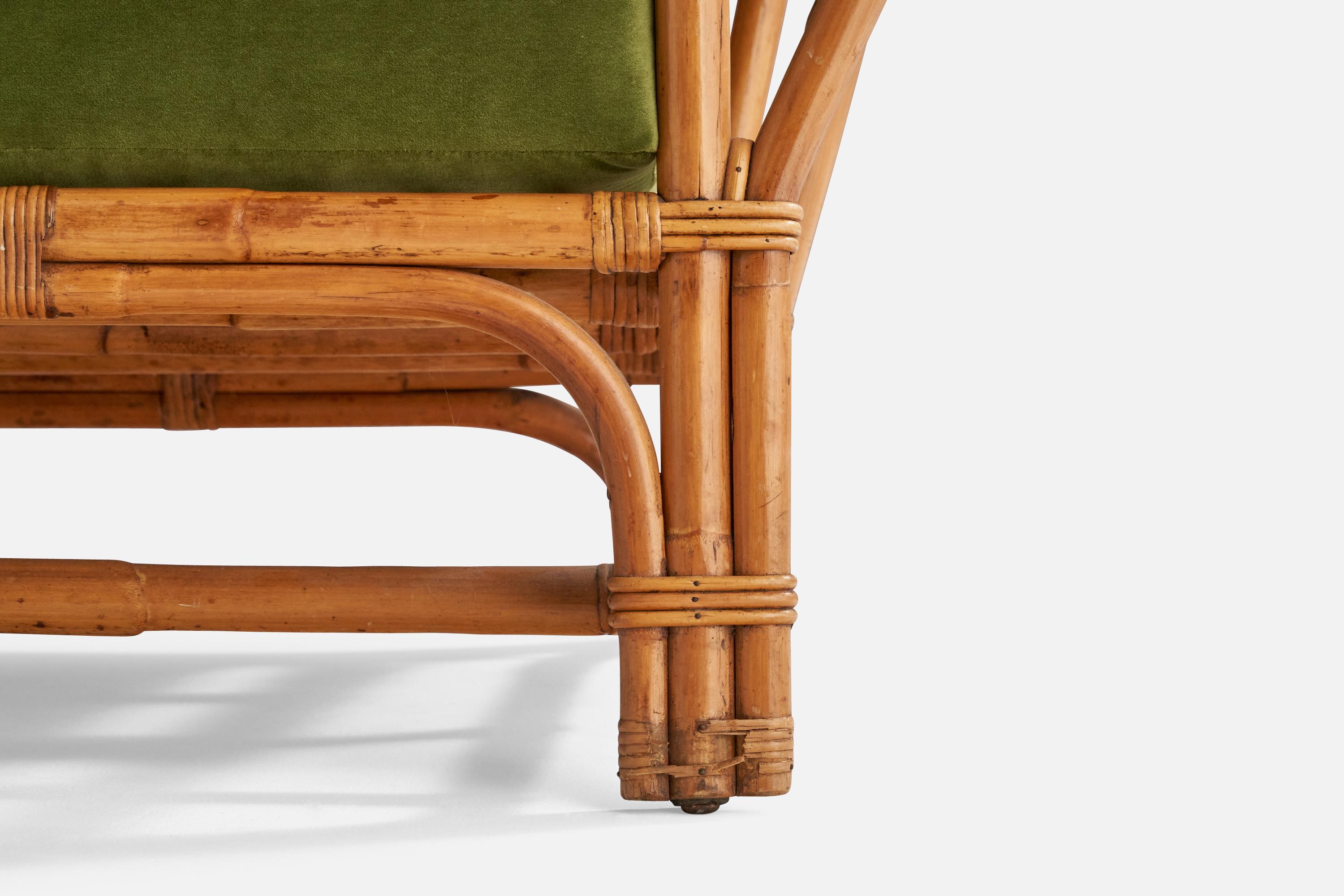 American Designer, Lounge Chair, Maple, Velvet, Bamboo, Rattan, USA, 1940s For Sale 4