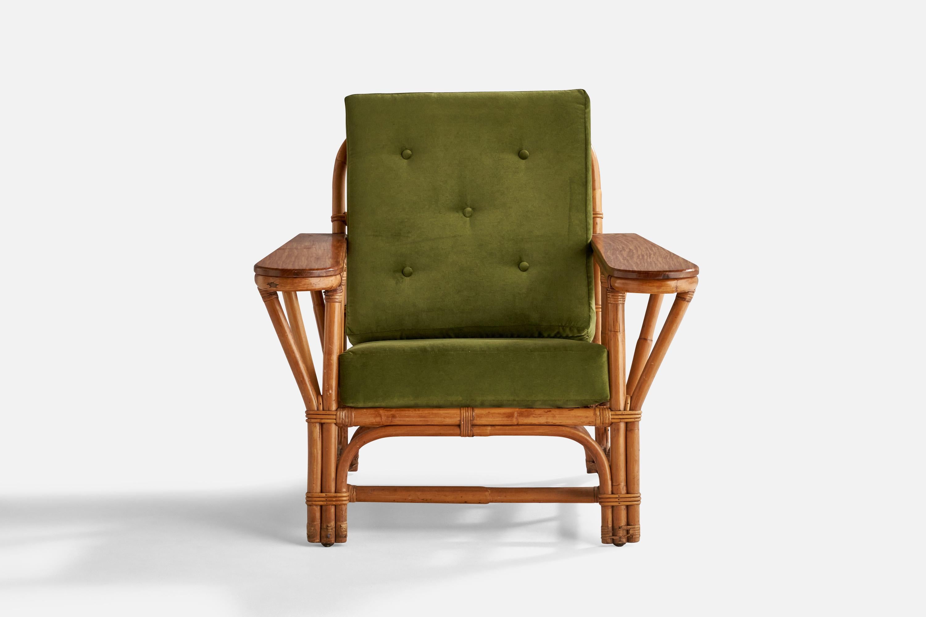 Mid-Century Modern Designer américain, fauteuil de salon, érable, velours, bambou, rotin, États-Unis, années 1940 en vente