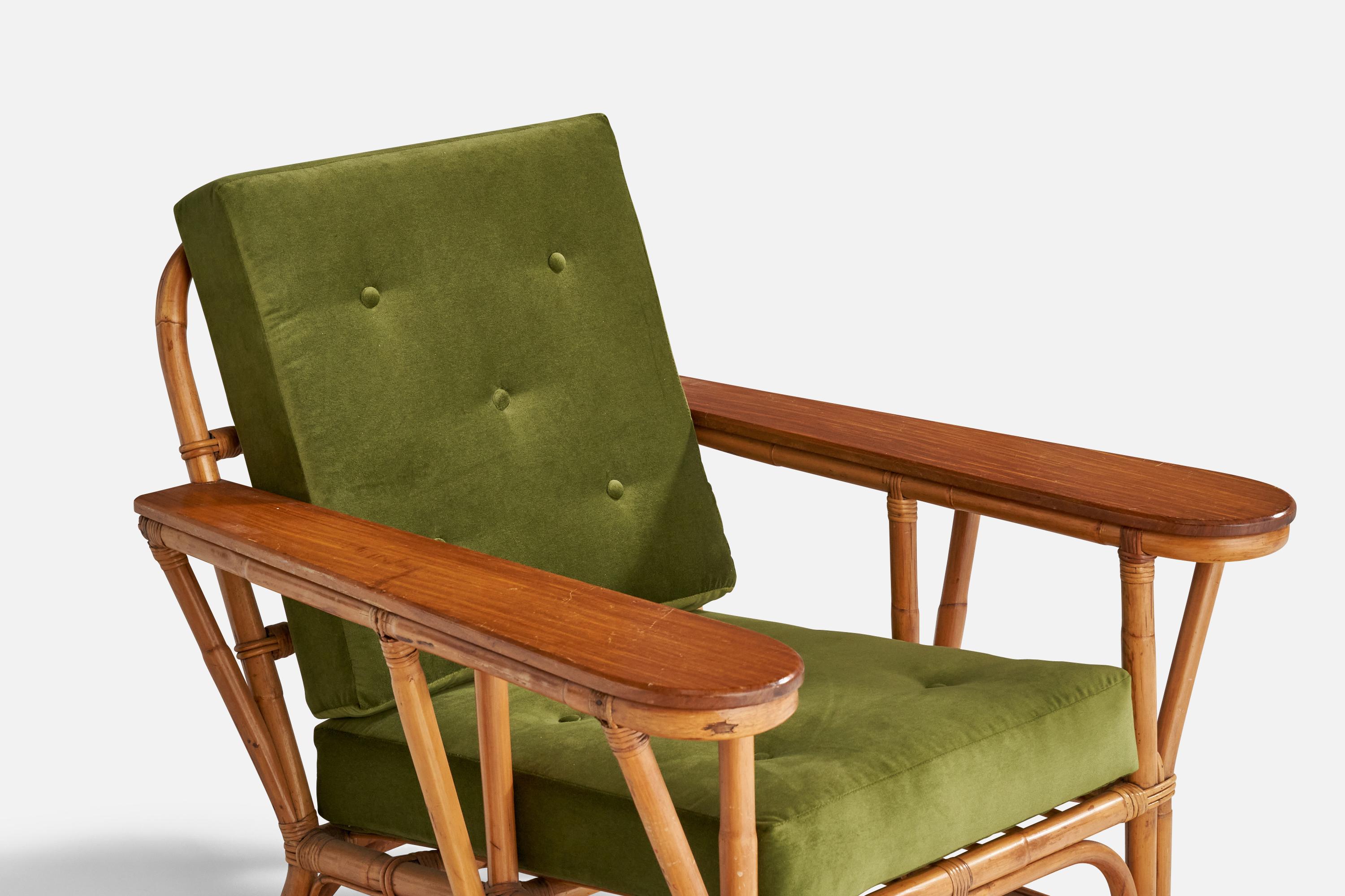American Designer, Lounge Chair, Maple, Velvet, Bamboo, Rattan, USA, 1940s For Sale 1