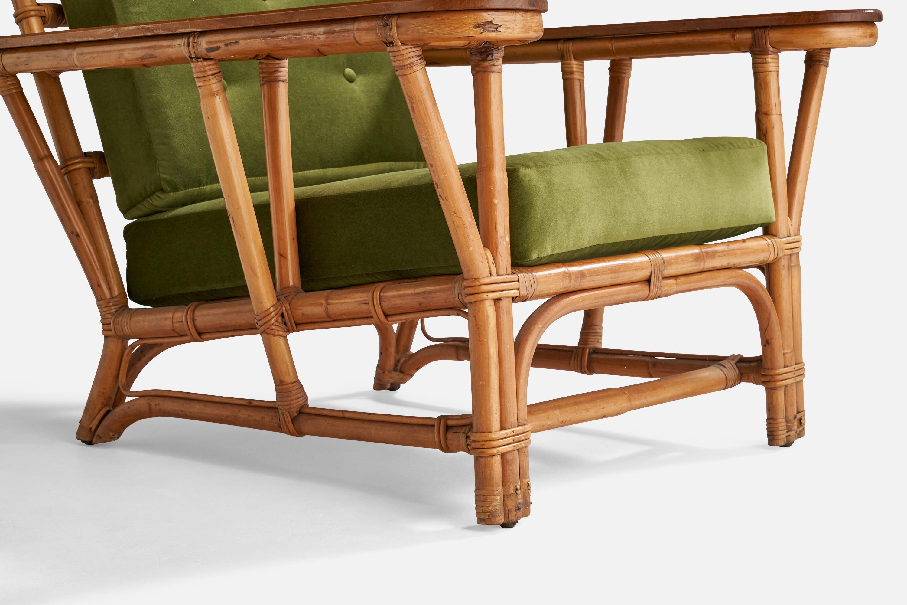 Designer américain, fauteuil de salon, érable, velours, bambou, rotin, États-Unis, années 1940 en vente 1