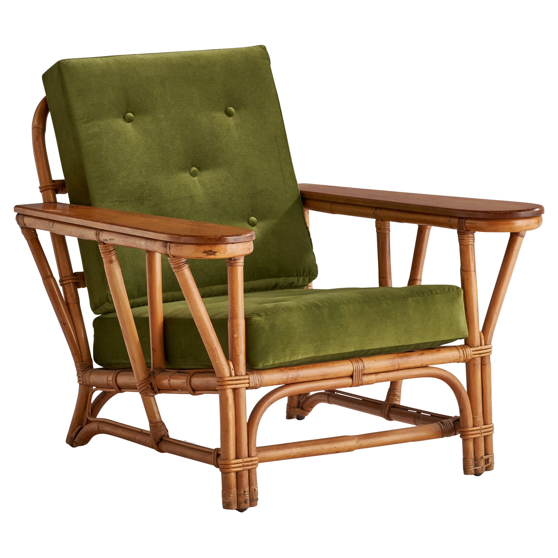 Designer américain, fauteuil de salon, érable, velours, bambou, rotin, États-Unis, années 1940 en vente