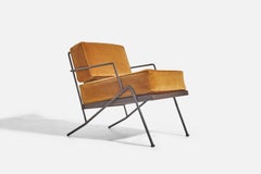 American Designer, Lounge Chair, Metal, Wood, Yellow Velvet, USA, 1940s