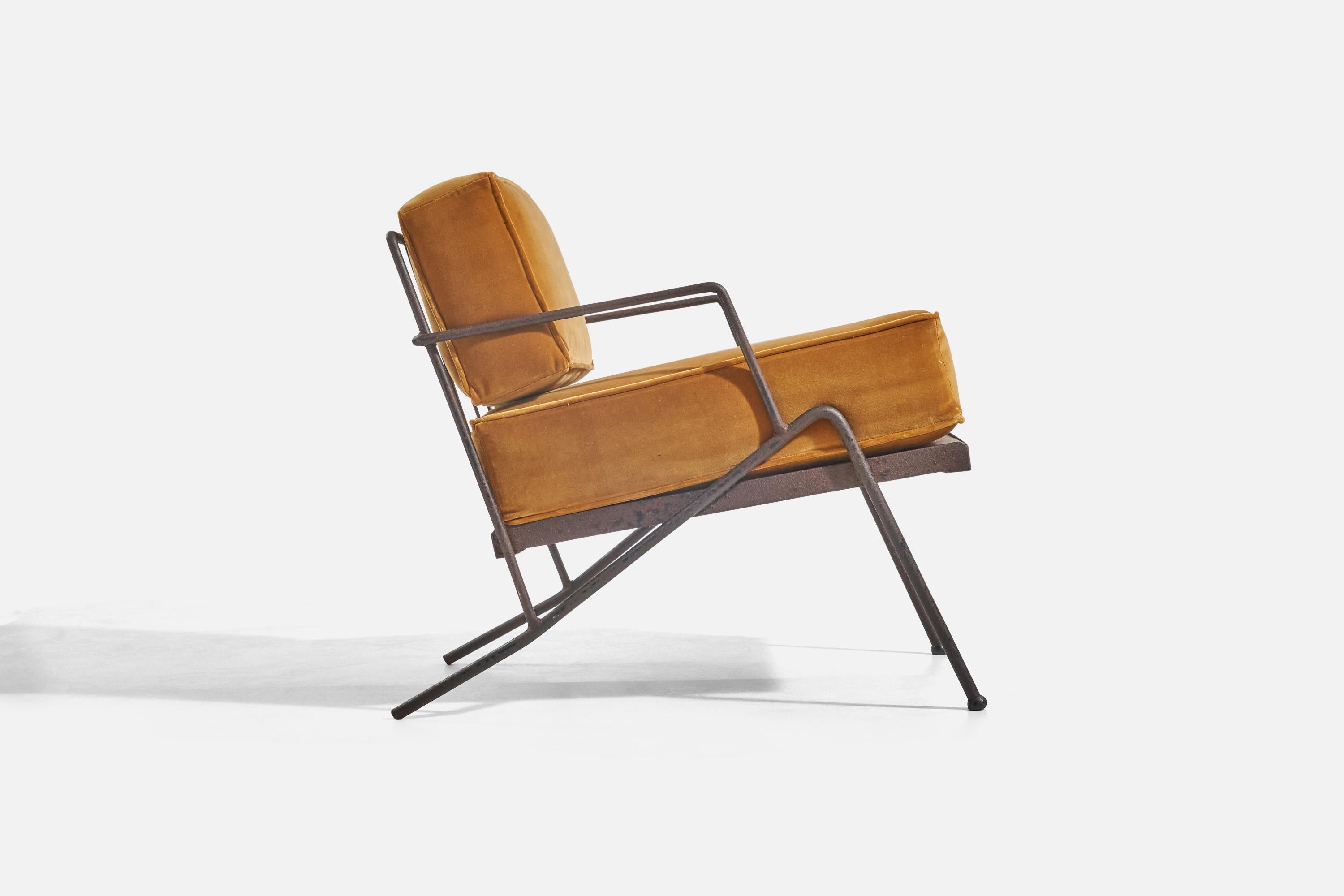 Mid-20th Century American Designer, Lounge Chair, Metal, Wood, Yellow Velvet, USA, 1940s For Sale