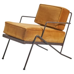 American Designer, Lounge Chair, Metal, Wood, Yellow Velvet, USA, 1940s
